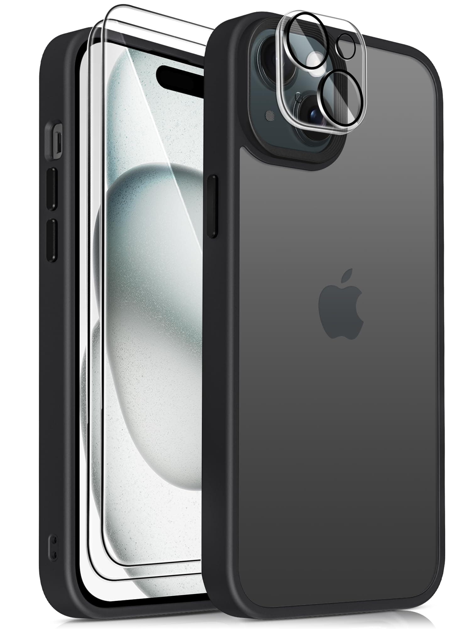 Mootobofor iPhone 15 case, 4 in 1 Phone case with 2*Screen Protector + 1*Lens Protector, 10FT Military Grade Drop Protection Case with Anti-Fingerprint Matte Back 6.1 inch - Black