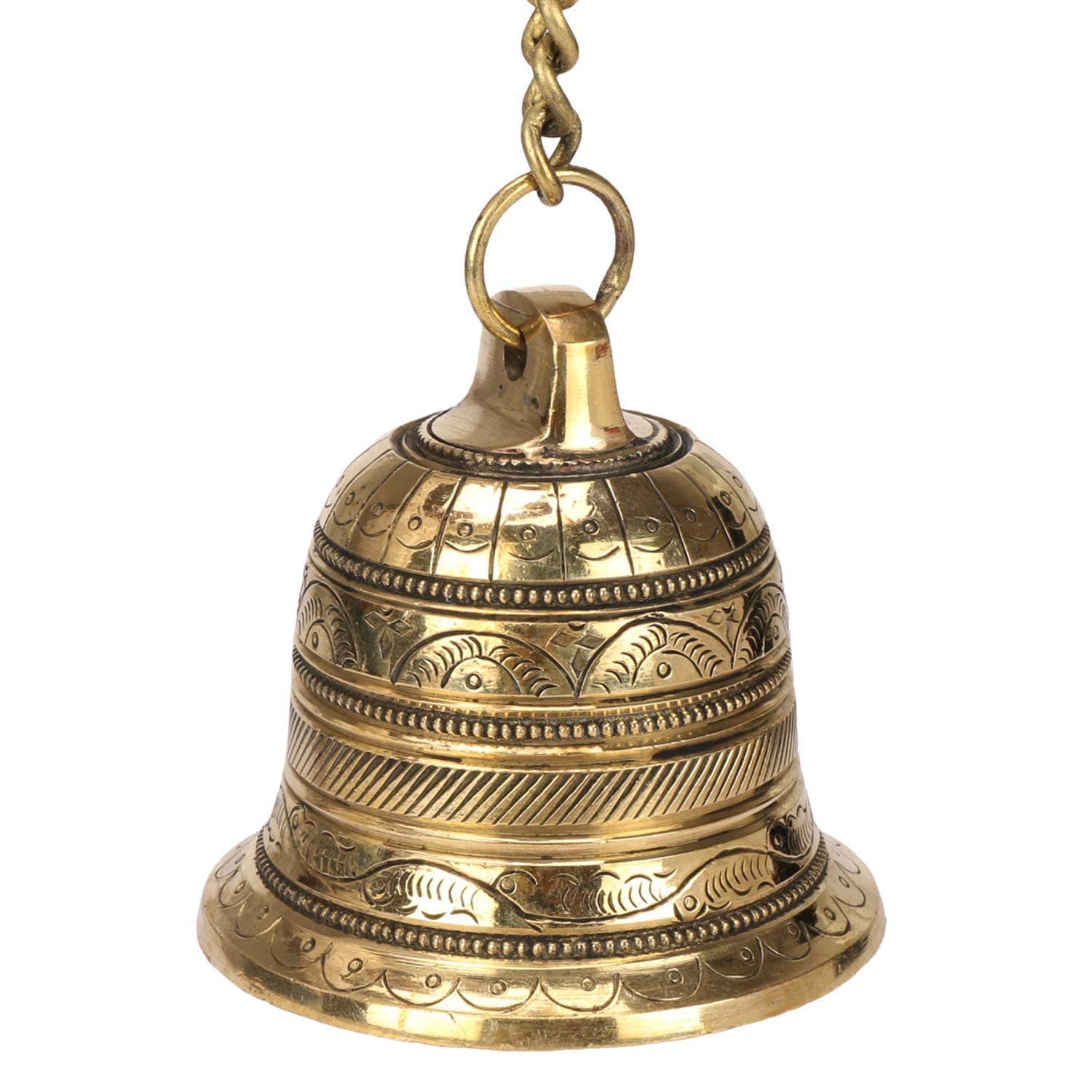 - ARTVARKO Brass Hanging Bell with Chain Ghanti for Home Mandir Fine Bell for Pooja Room(3x4 Inches with Chain 20 Inch Medium)