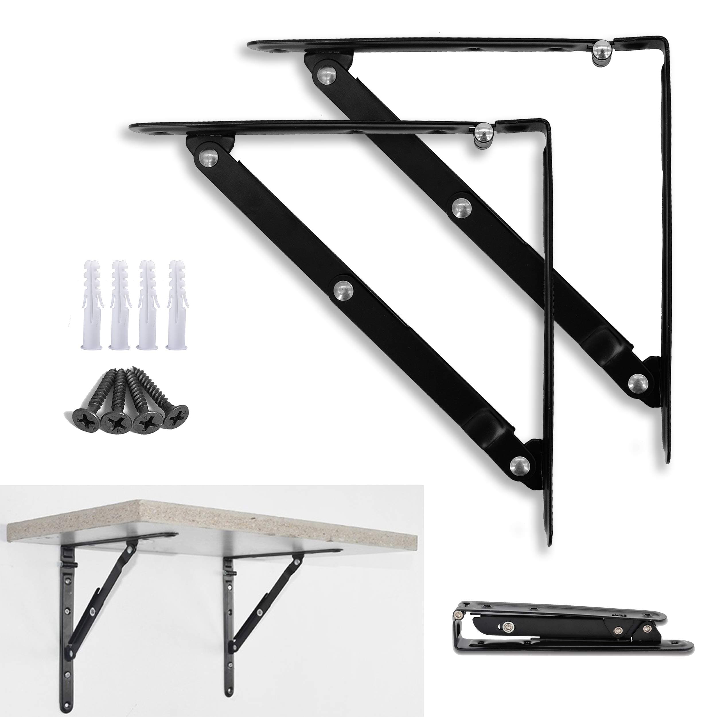 AddGrace 2 Pack Folding Shelf Bracket Bench Table Support Wall Mounted Iron Triangle Collapsible Shelf Bracket (Black) 8 inch