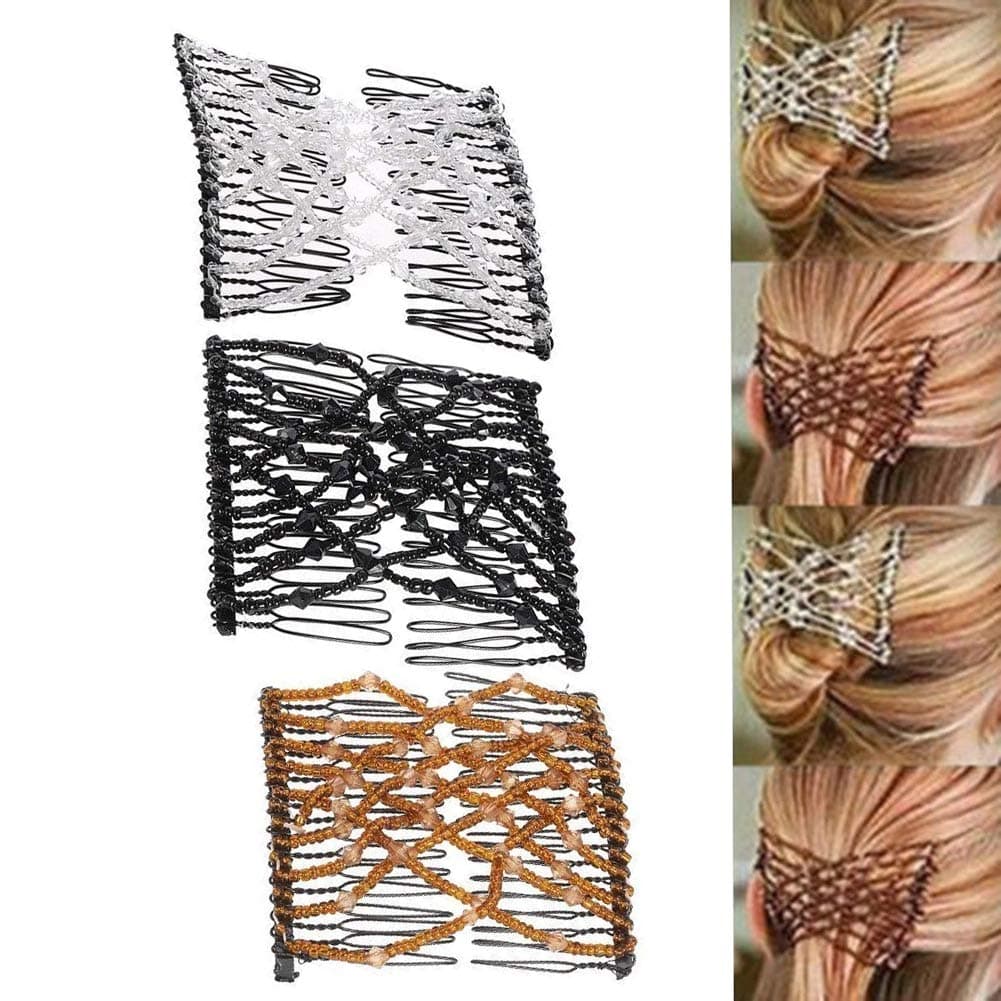 Gofypel Vintage Bead Stretchy Double Hair Clips with Crystals and Pearls - Women's Hair Jewelry for Styling and Decorative Accessories (3pcs)