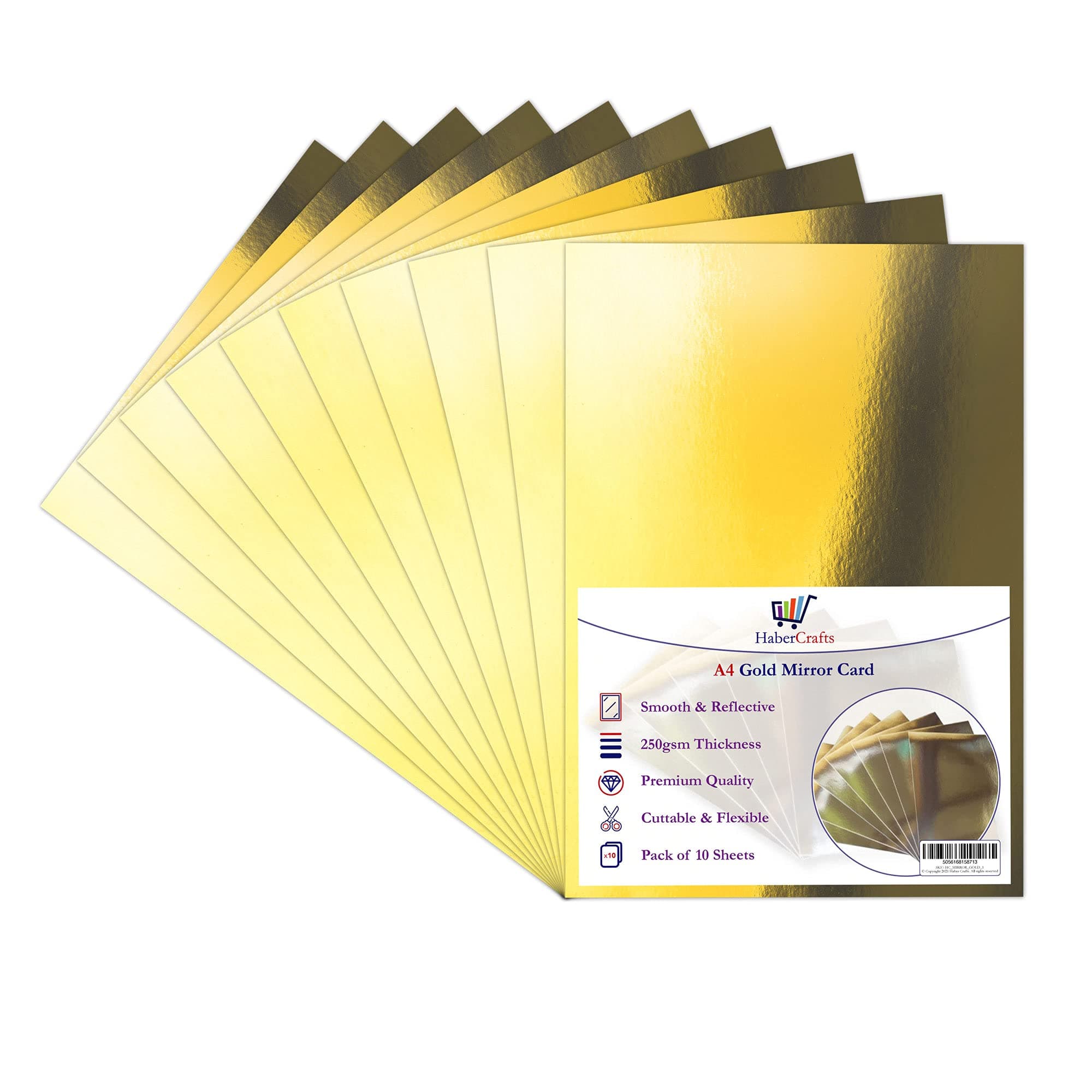Habercrafts Gold Mirror Card A4 Metallic Board - 250gsm Thick Shiny Golden Sheets for Craft and Activity - 10 Reflective Shimmer Mirror Finish Cardstock