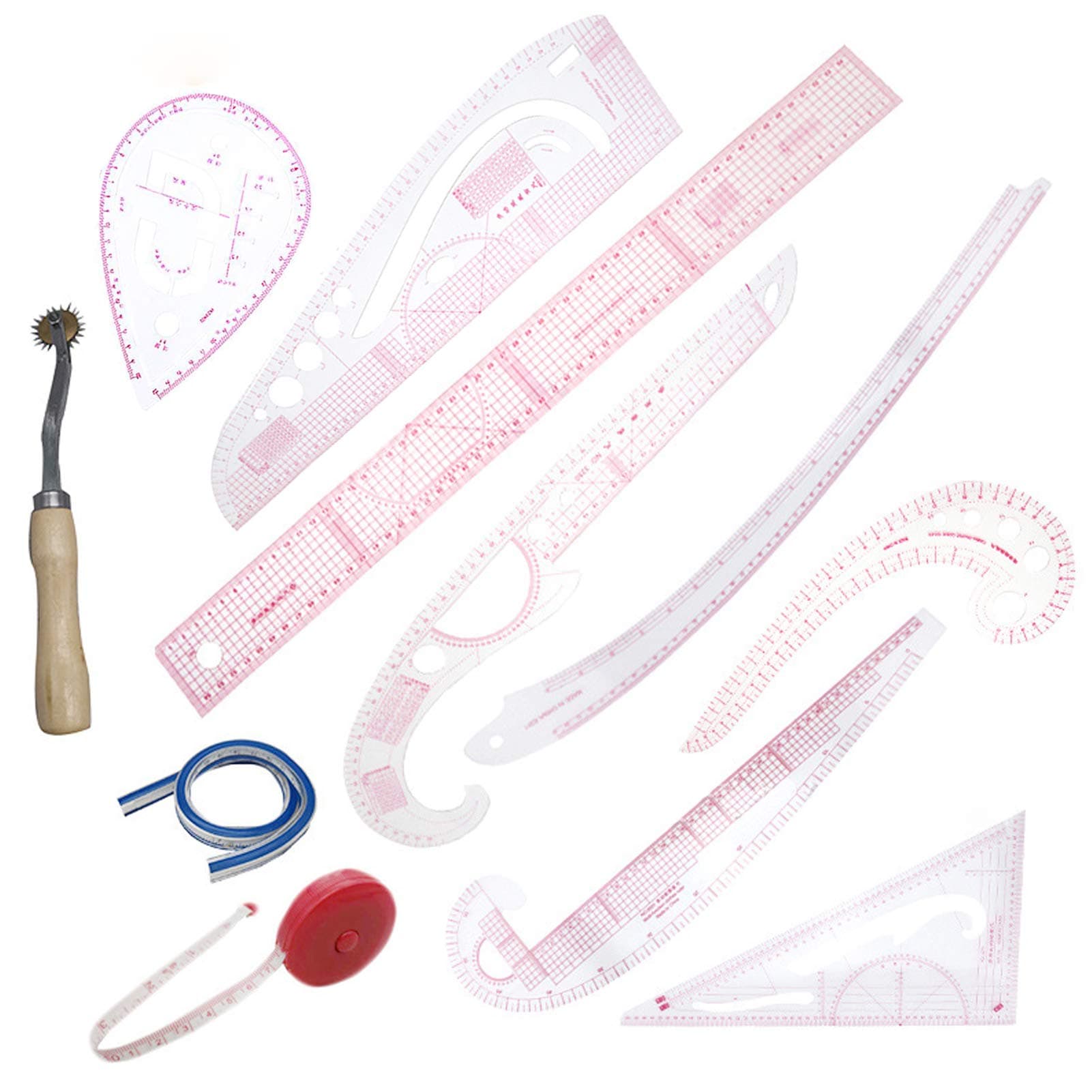 11PCS French Metric Ruler Clothing Fashion Ruler Curve Shaped Grading Rulers Cloth Wheel Ruler Measure Tape Sewing Tools for Sewing Dressmaking Pattern Design DIY Clothing Bendable Drawing Template