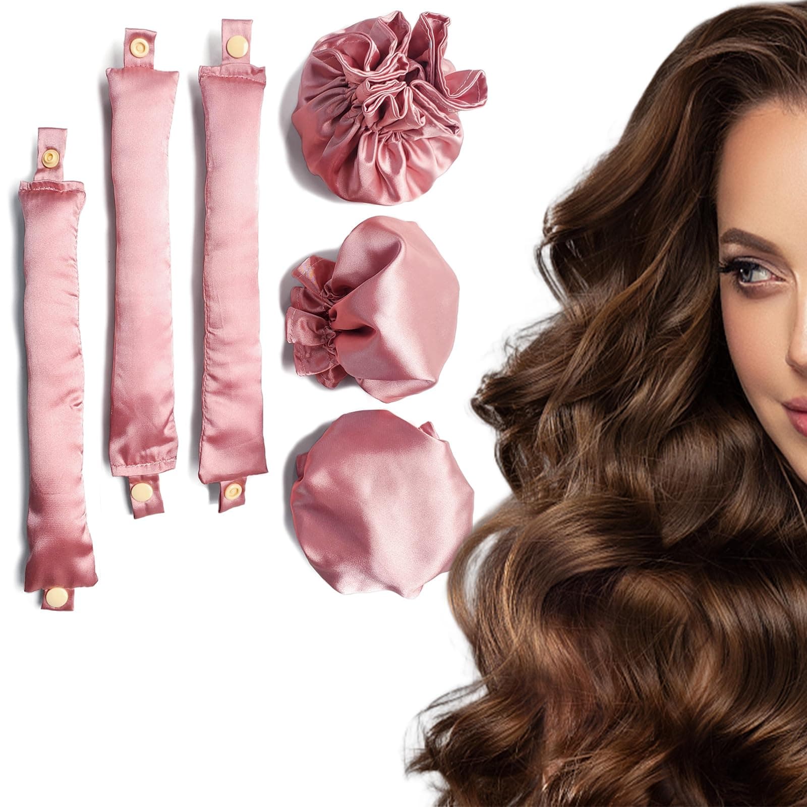 3Sets/6PCS Ariuvor New Satin Heatless Hair Curler,Hair Rollers for Heatless Curls with Hair Caps,Soft Heatless Curling Rod Headband for Long Hair,No Heat Curling to Sleep in Overnight (pink)
