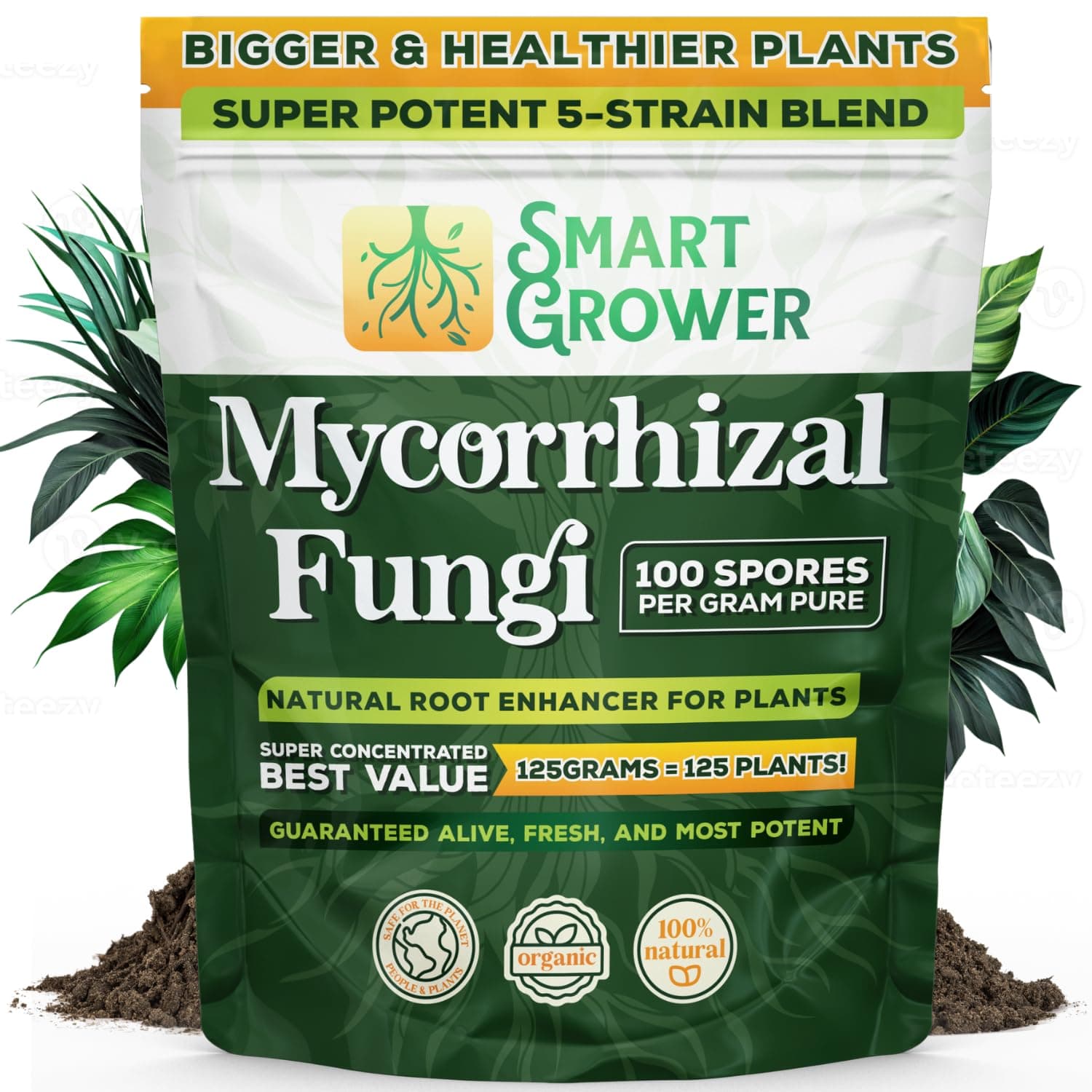 Mycorrhizal Fungi Organic Root Enhancer for Plants, Super Potent 100 Spores Per Gram, 5-Strain Blend, Rapid Results for Gardens, Houseplants, Lawns, Mycorrhizae Smart Grower 125 Grams for 125 Plants