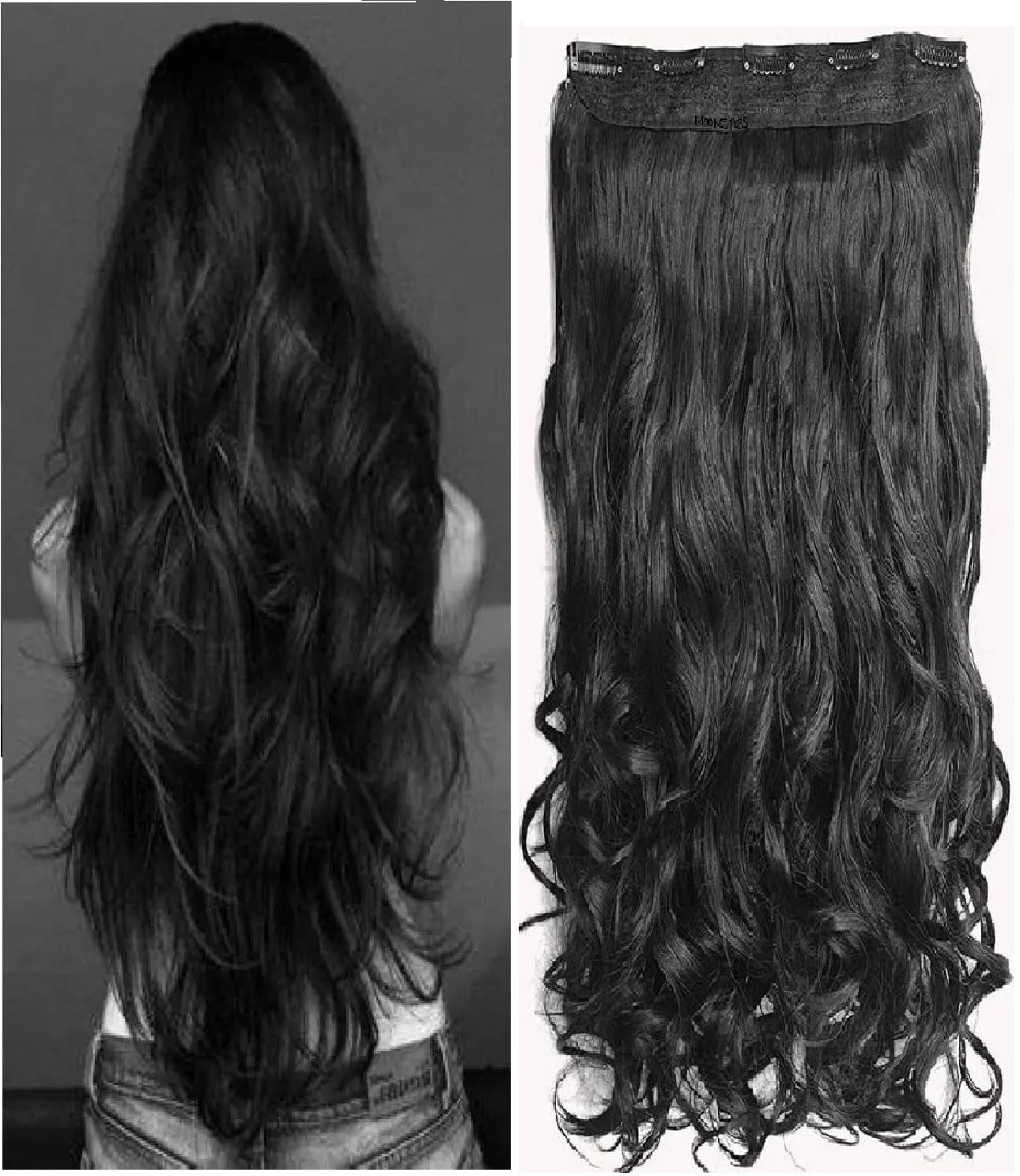 MoonEyes, Natural Curly/Wavy Hair Extensions in High Temperature Synthetic Fiber in 24 inch,5 Clips Head in 1 Piece For women and girls in (BLACK)