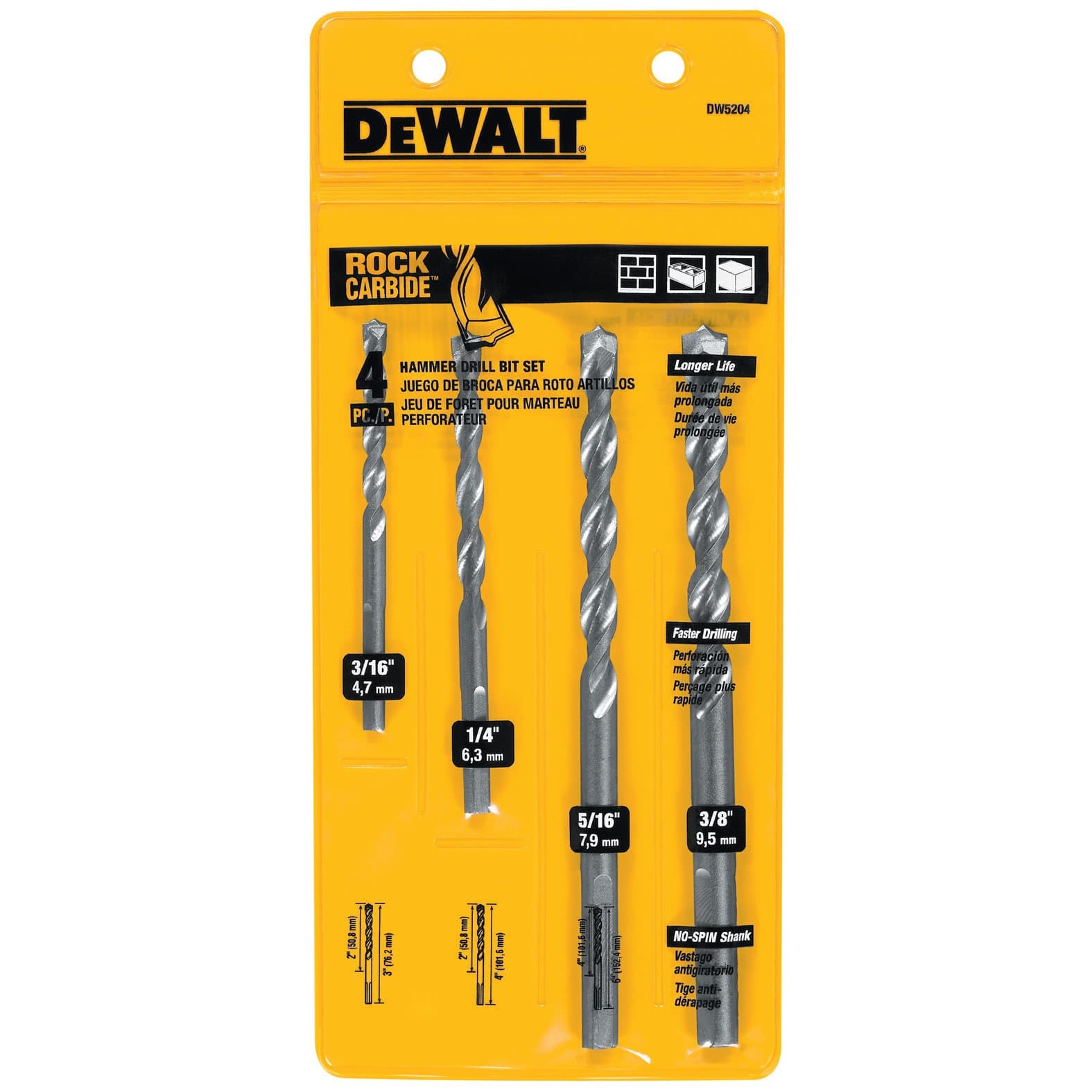 Masonry Drill Bit Set, Percussion, 4-Piece (DW5204)
