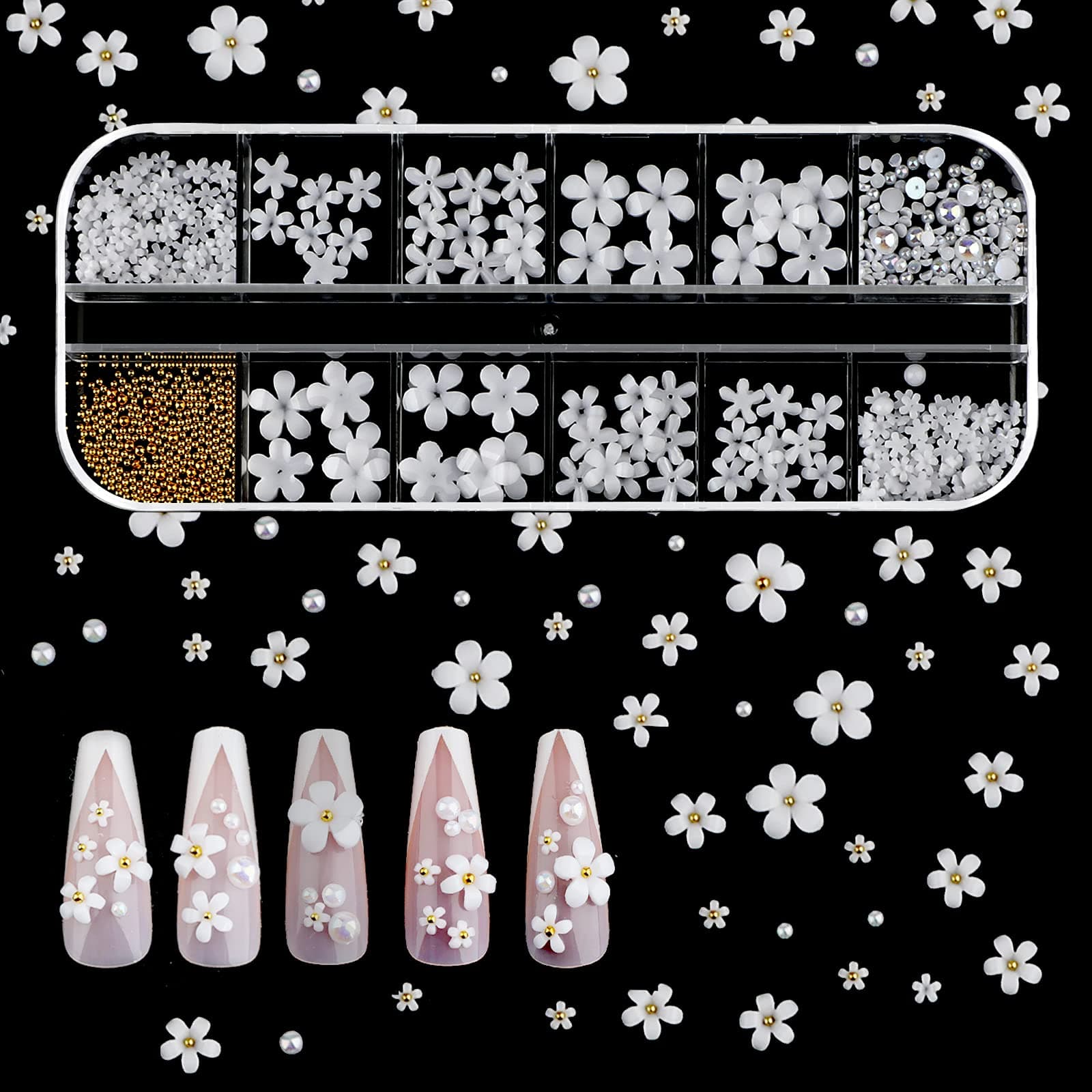 SAVITA 250pcs 12 Styles 3D Acrylic Flowers for Nails, 3D Nail Charms Flat Nails Accessories for DIY Nail Art Designs Jewelry Making (White)