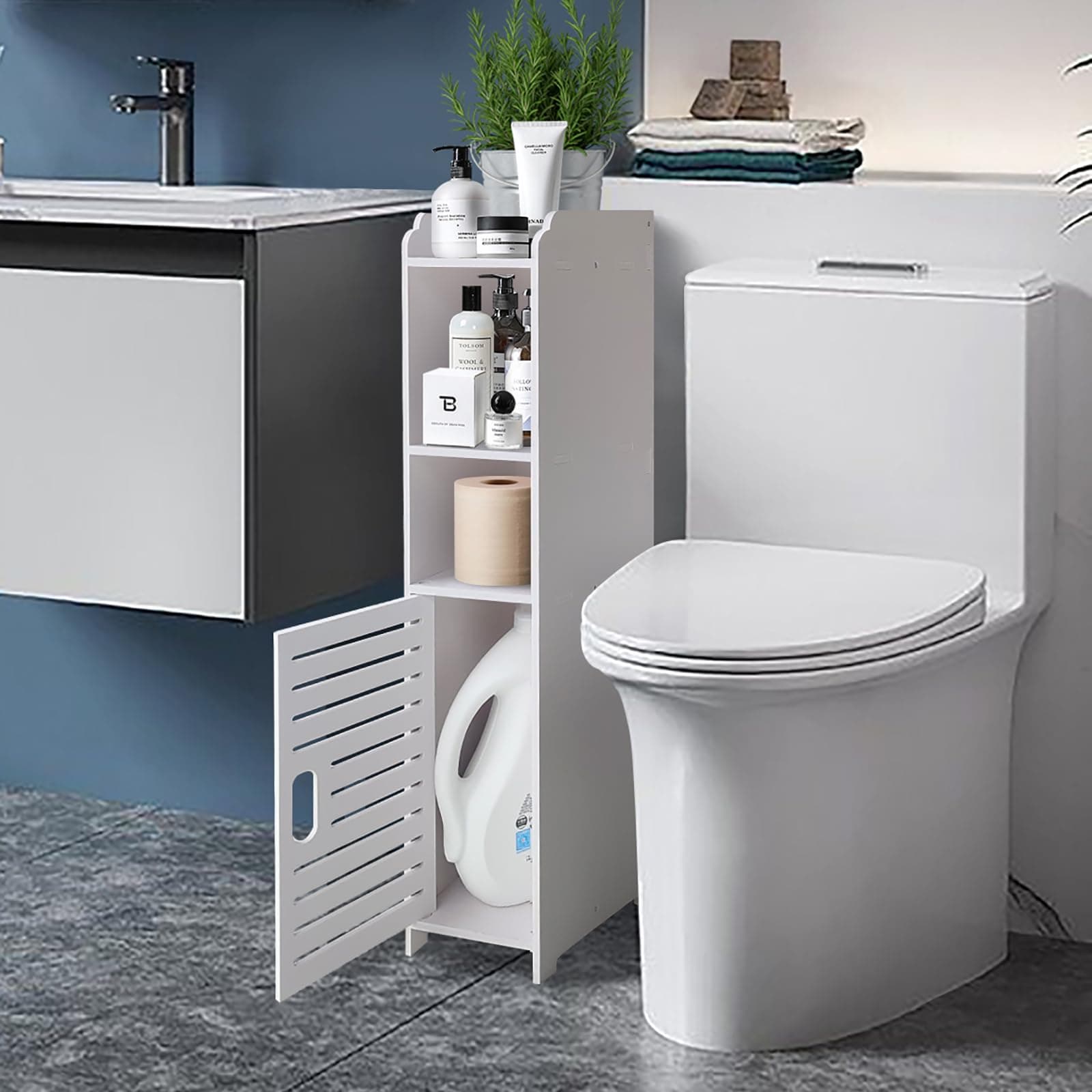 SEMOFO Bathroom Floor Storage Cabinet, Waterproof Freestanding Cabinet Organizer with Doors and Shelves for Bedroom, Living Room, Kitchen,Entryway, Home Office, White