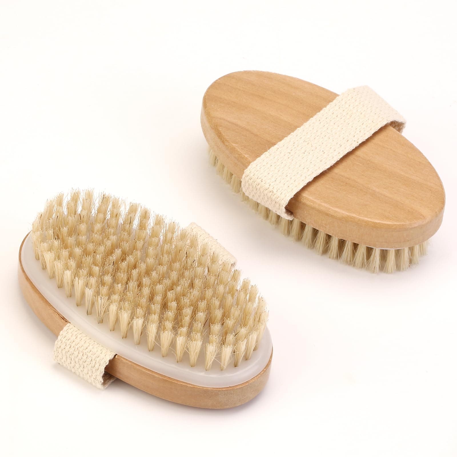 2Pcs Natural Bristle Exfoliating Brush, Body Scrubber for Lymphatic Drainage, Blood Circulation, Wet and Dry Brush, Deep Exfoliation for Smooth Skin
