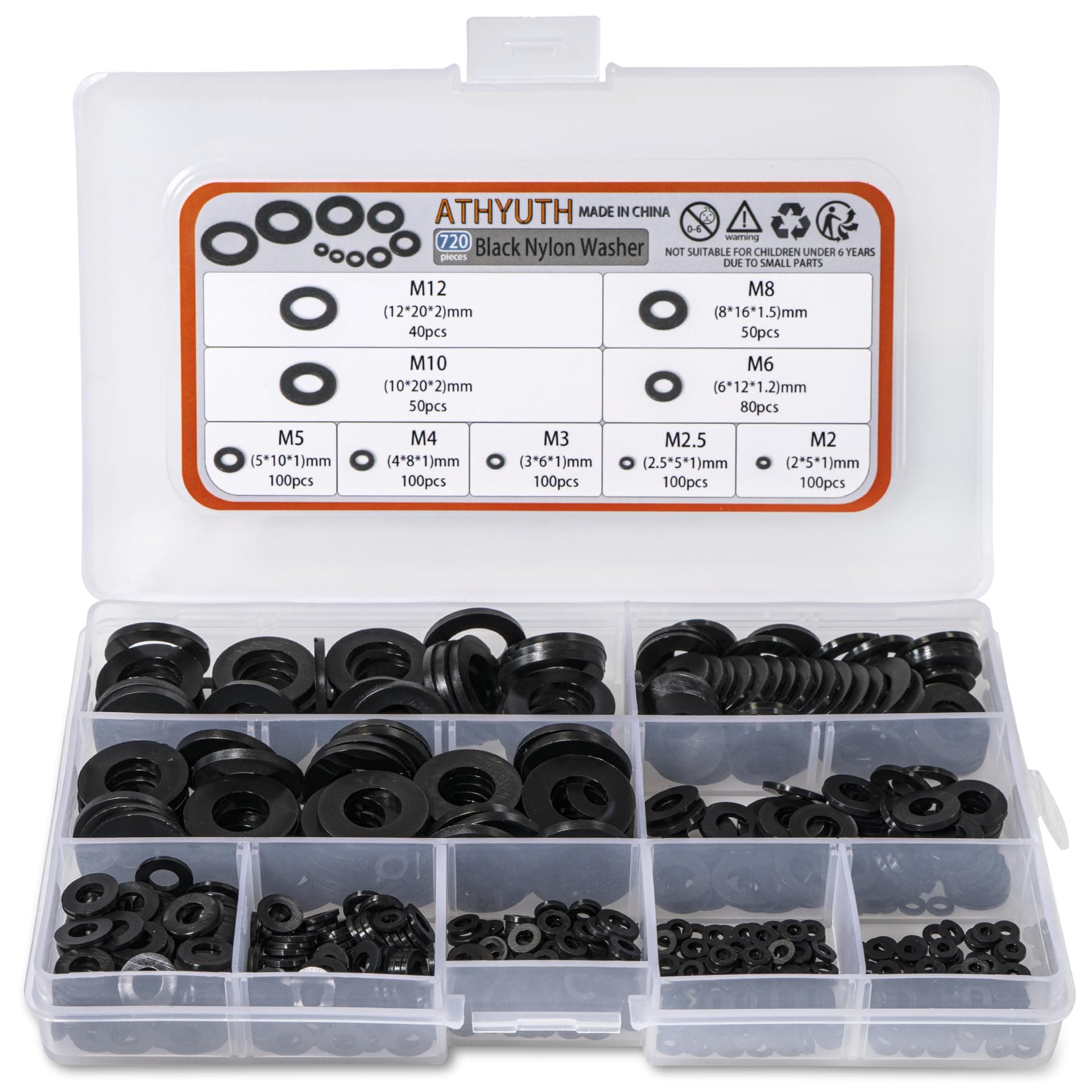 Black Nylon Washers Assortment kit for Bolts and Screws, M2 M2.5 M3 M4 M5 M6 M8 M10 M12 Plastic Flat Round Washers Assortment Set 720 Pieces-9 Sizes Nylon Washers Hardware Set