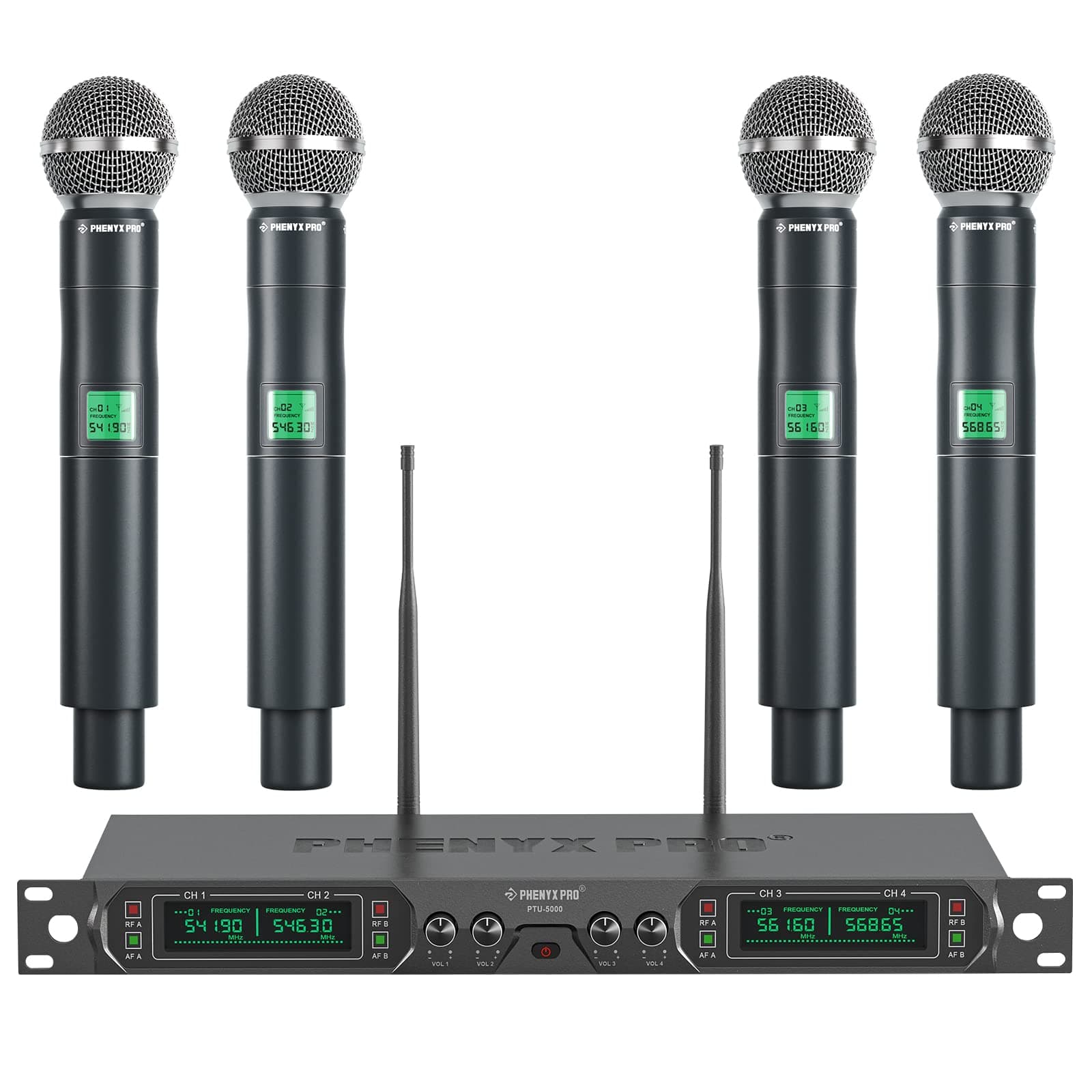 Wireless Microphone System, 4-Channel UHF Cordless Mic Set With Four Handheld Mics, All Metal Build, Fixed Frequency, Events (PTU-5000A)