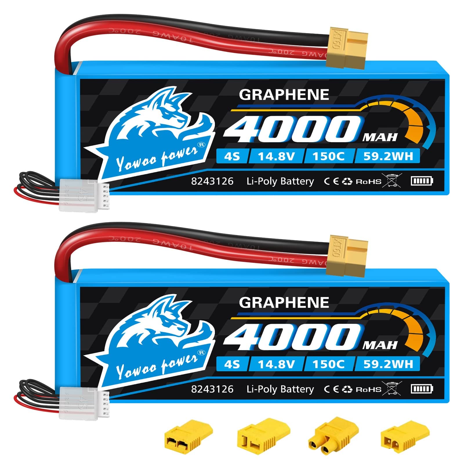 Yowoo 2 Pack 4S Lipo Battery 4000mAh 14.8V 150C Graphene Battery with XT60 Plug for RC Evader BX Car Buggy Boat Drones Slash 1/10 Scale Racing Truck Racing Heli Aeroplane (Including 4 Adapters)