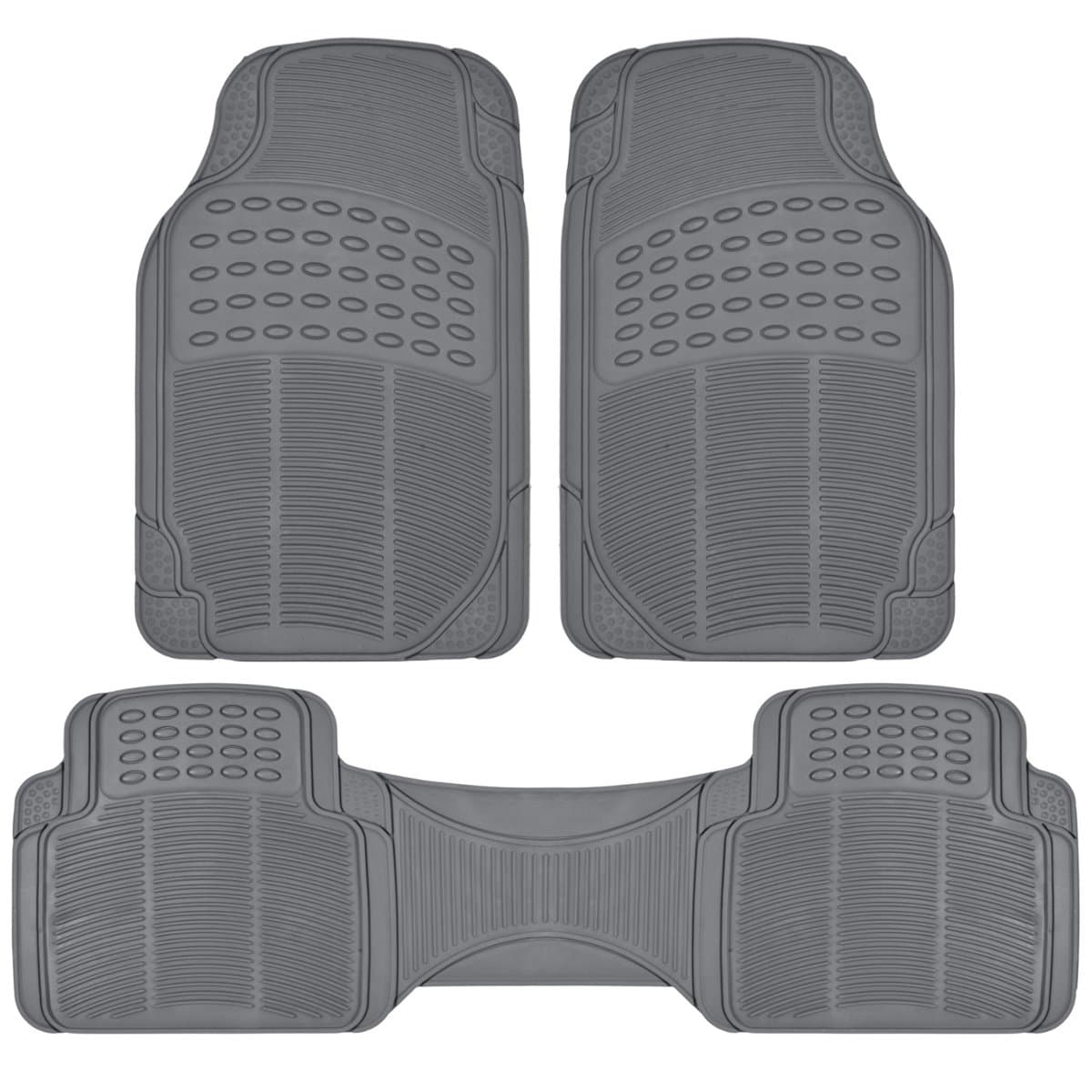 BDK Original ProLiner 3 Piece Heavy Duty Front & Rear Rubber Floor Mats for Car SUV Van Truck, Gray - All Weather Protection with Universal Fit Design