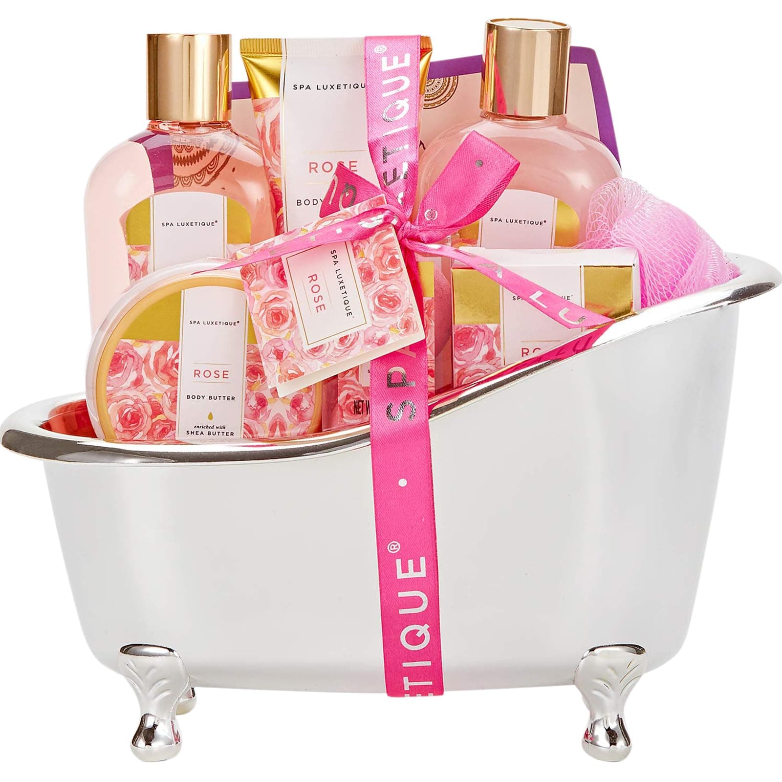 Spa Luxetique Spa Gift Basket Rose Fragrance, Premium 8pc Gift Baskets for Women, Cute Bath Tub Holder - Best Holiday Spa Gift Set for Women- Bath Bombs, Shower Gel, Body Lotion & More!