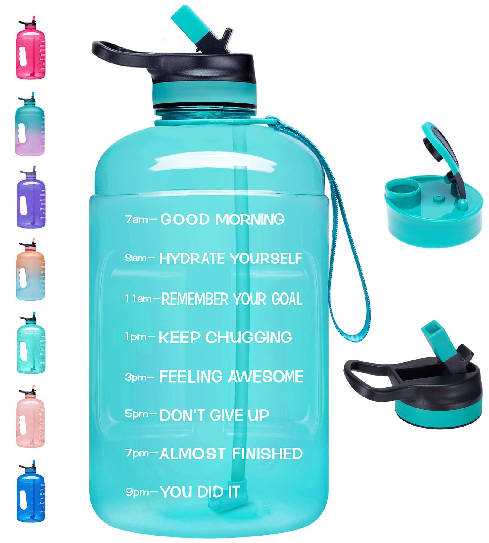 Venture Pal Large 64 oz/Half Gallon Motivational Water Bottle with 2 Lids (Chug and Straw), Leakproof BPA Free Sports Water Jug with Time Marker to Ensure You Drink Enough Water Throughout The Day