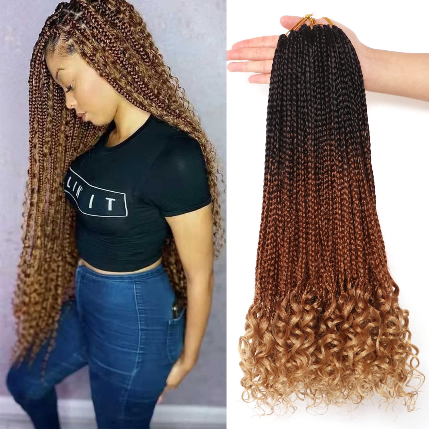 7 Packs/Lot Crochet Braids Box Braids Goddess Box Braids Crochet Hair with Curly Braiding Hair Crochet Braids Hair Extensions for Black Women(18 Inch (Pack of 7), #1B-30-27)