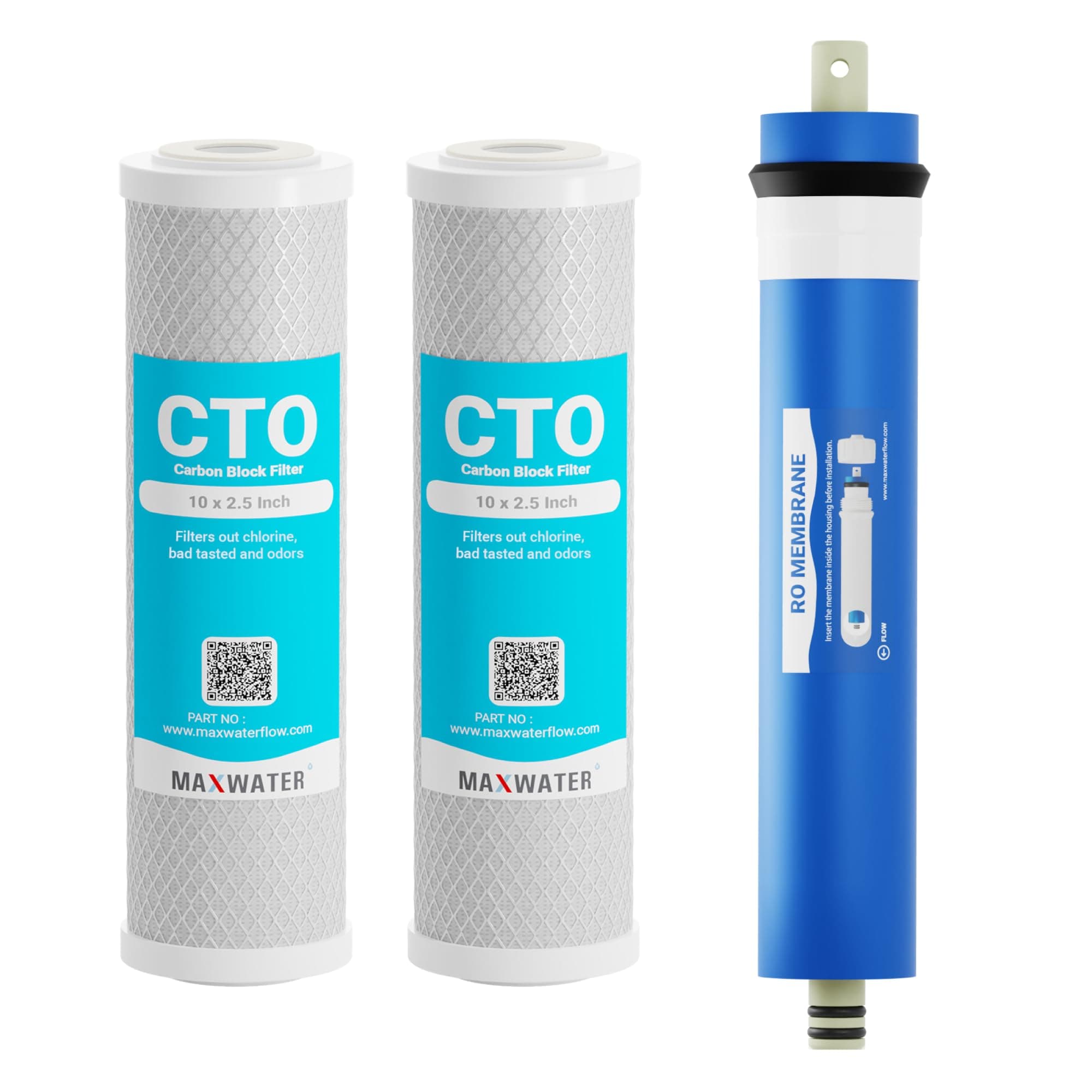 Max Water Combo Pack FX12P and FX12M or TFM-24 Water Filter Replacement, Compatible GE RO Set GXRM10RBL GXRM10G Reverse Osmosis Systems - Carbon Block Filters and 50 GPD RO Membrane (Membrane + 2 CTO)