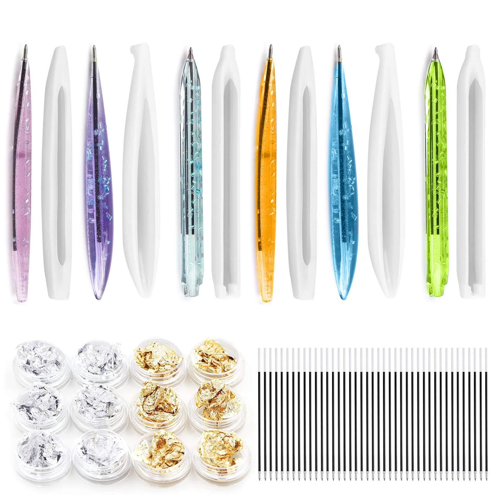 VEGCOO6 Pieces Pen Resin Slicone Mould + 30 Pieces Ballpint Refill Pens + 12 Pieces Gold Silver Foil for Handmade Gift DIY Tools Jewelry Making