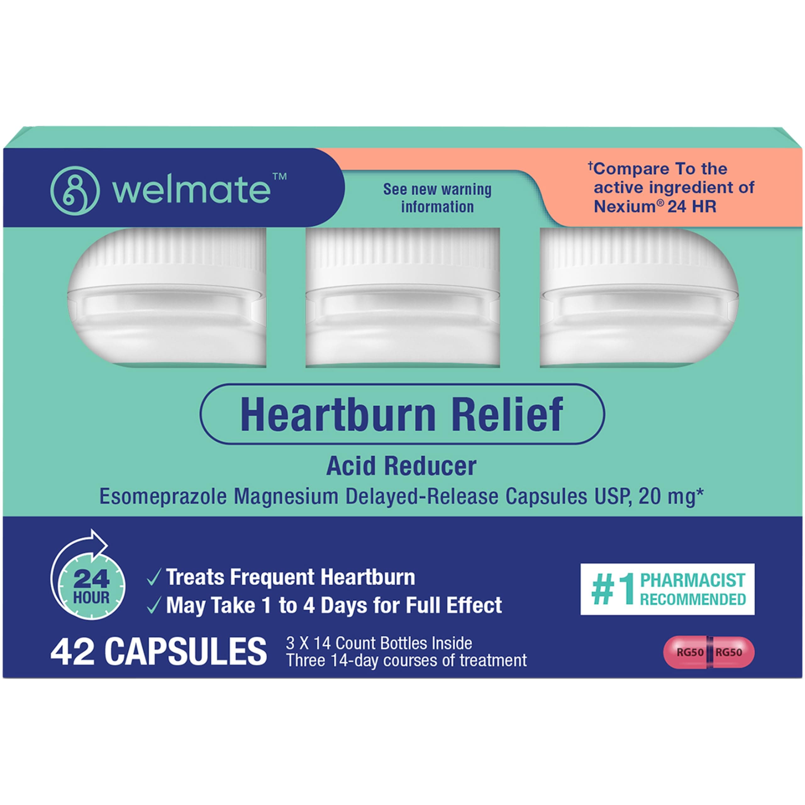 Esomeprazole Magnesium 20 mg - Heartburn Medicine - Acid Reducer - Delayed Release Heartburn Relief - 24hr Protection - for Men & Women - 42 Capsules - 1 Pack
