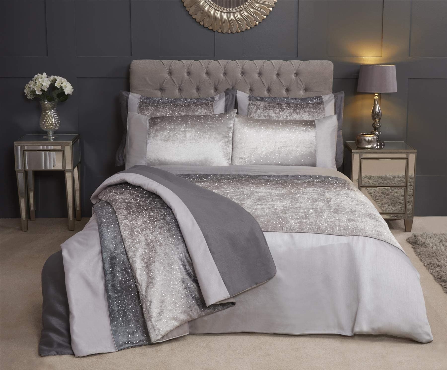 Olivia Rocco Duvet Cover Aurora Velvet Sparkle Duvet Quilt Set Luxe Bedding Collection, Silver, Bedspread