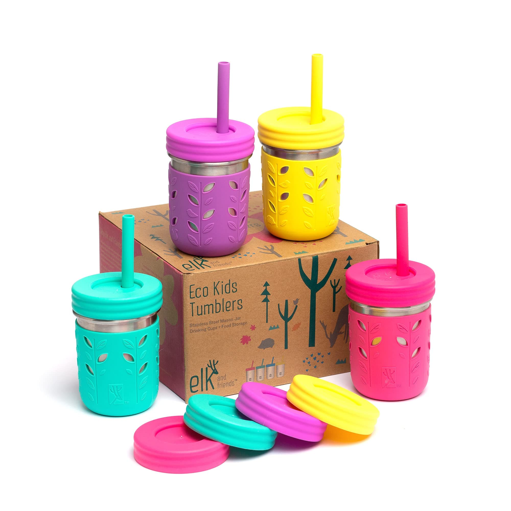 Elk and Friends 10oz Stainless Steel Kids + Toddler Drinking Cups | The Original Mason Jar with Sleeves + Lids | Silicone Straws | Smoothies | Storage Jar | Spill Resistant | Dishwasher Safe | 4 Pack