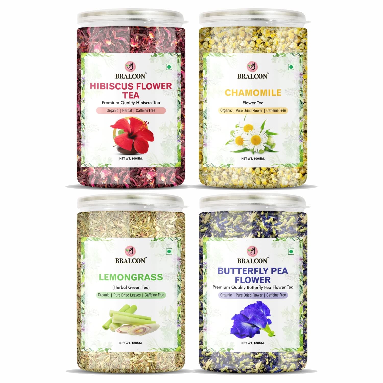 BRALCON Hibiscus Flower Tea, Butterfly Pea, Chamomile, Lemongrass - 400G (100G x 4 Pack) Herbal Combo Pack - Caffeine Free in Separate Packaging