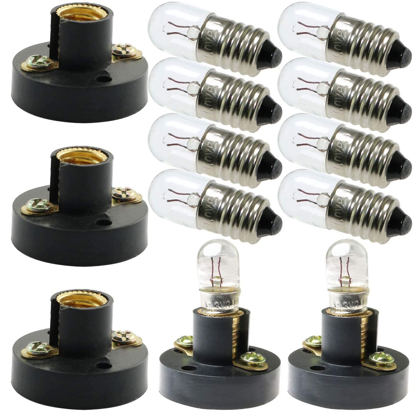 MEETOOT Set of 10pcs Screw Mini Bulb 6.3V and 5pcs E10 Mini Bulb Holder Black Plastic Pure Brass Lamp Bases Student Experiment Lighting DIY Accessories Screw Type Bulb Socket