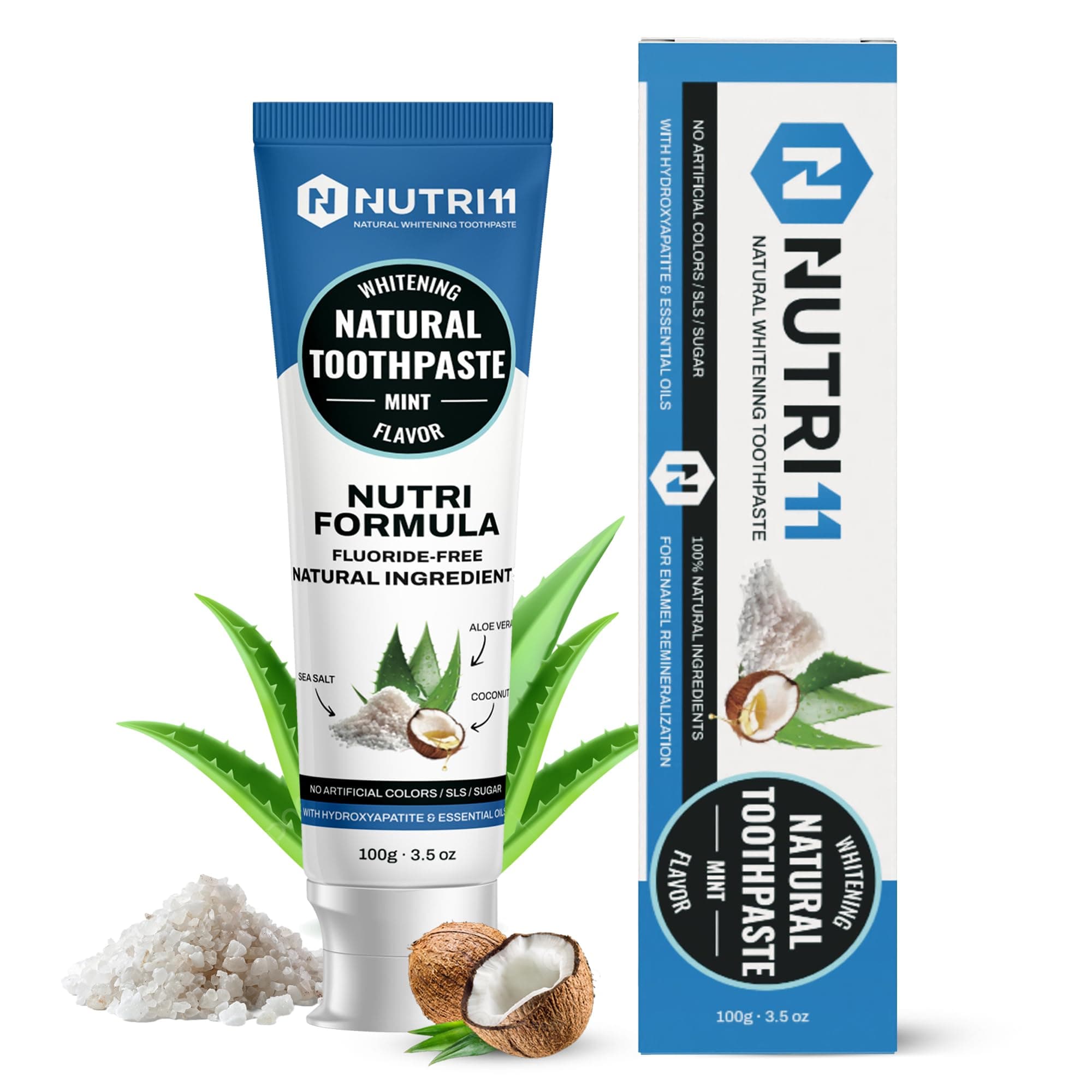 Nutri 11 Natural Whitening Toothpaste | Fluoride-Free & SLS-Free | Enamel Remineralization with Hydroxyapatite & Baking Soda | Sensitive Teeth Safe | Fresh Mint Flavor | 100g