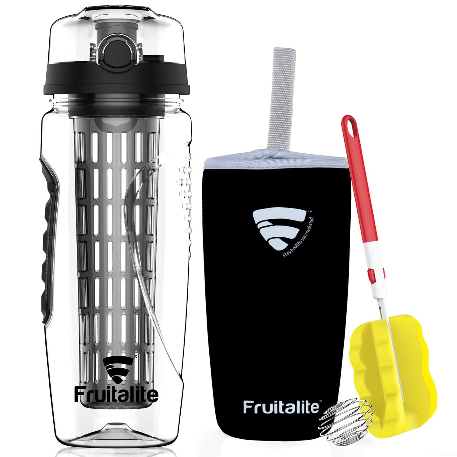 Fruit Infuser Water Bottle- 1 Litre, Full Length Tritan Infusion Rod, Cover Sleeve, Infused Detox Water Recipes eBook, Cleaning Brush- BLACK