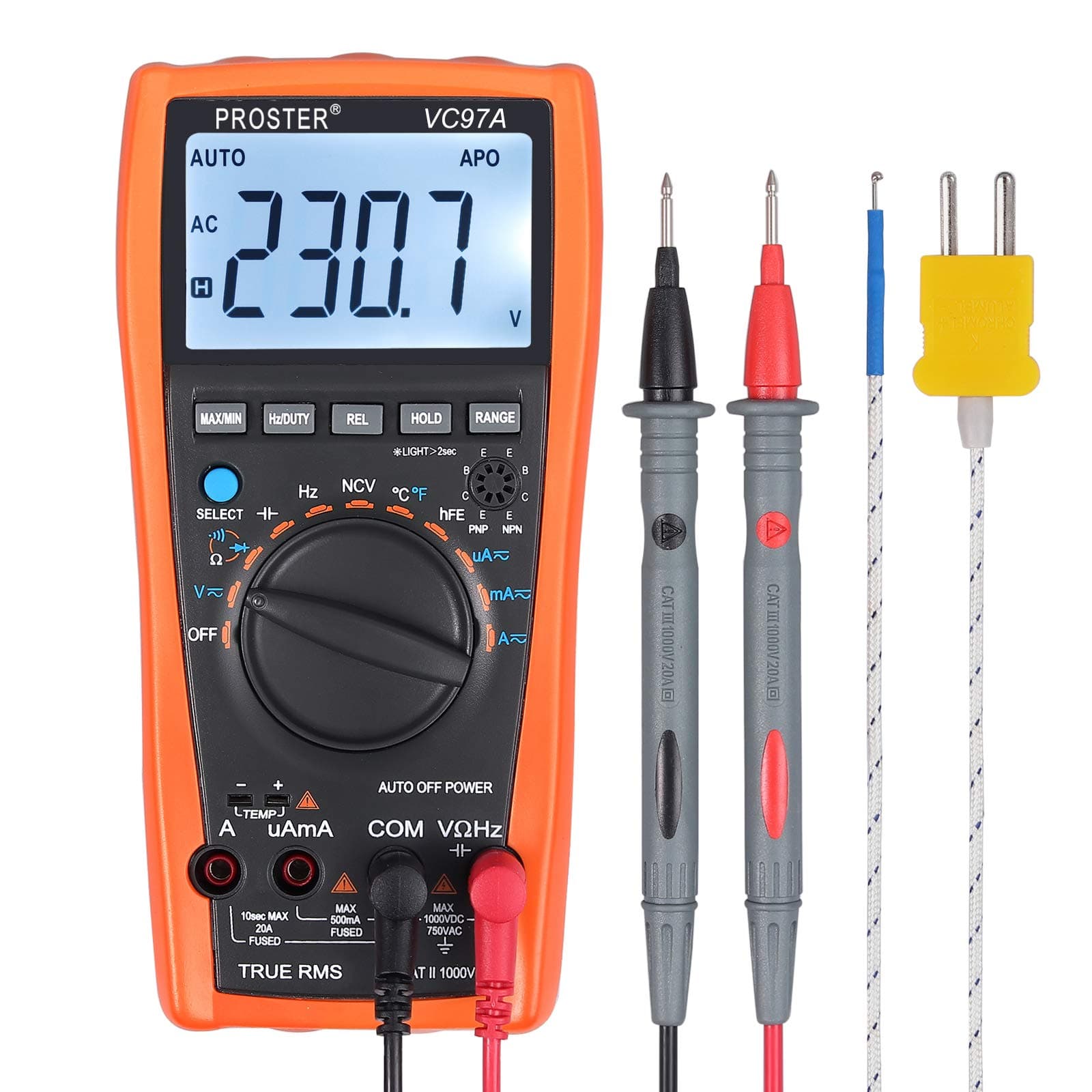 Proster VC97 Digital Multimeter 3999 LCD Auto Ranging Multi Meter CAT II with Capacitance Resistance DC AC Voltage Current Transistor Diode Continuity, 1.5 V, 4000 Count
