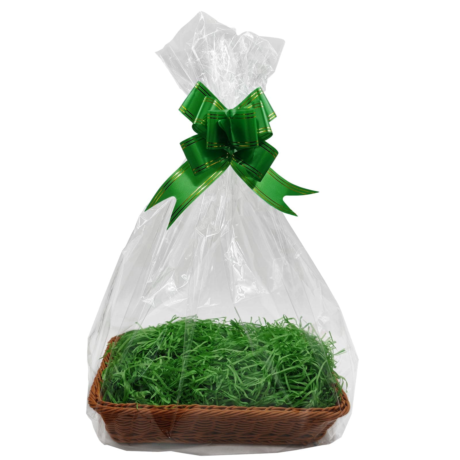 40 x 30 CM Hamper Basket Kit for Gifts, 1 Piece Basket, 1 Pack Ribbons for Gift Wrapping, 2 PCS Cellophane Bags and 1 Pack Shredded Paper for Party, Festival and Celebration (Green)