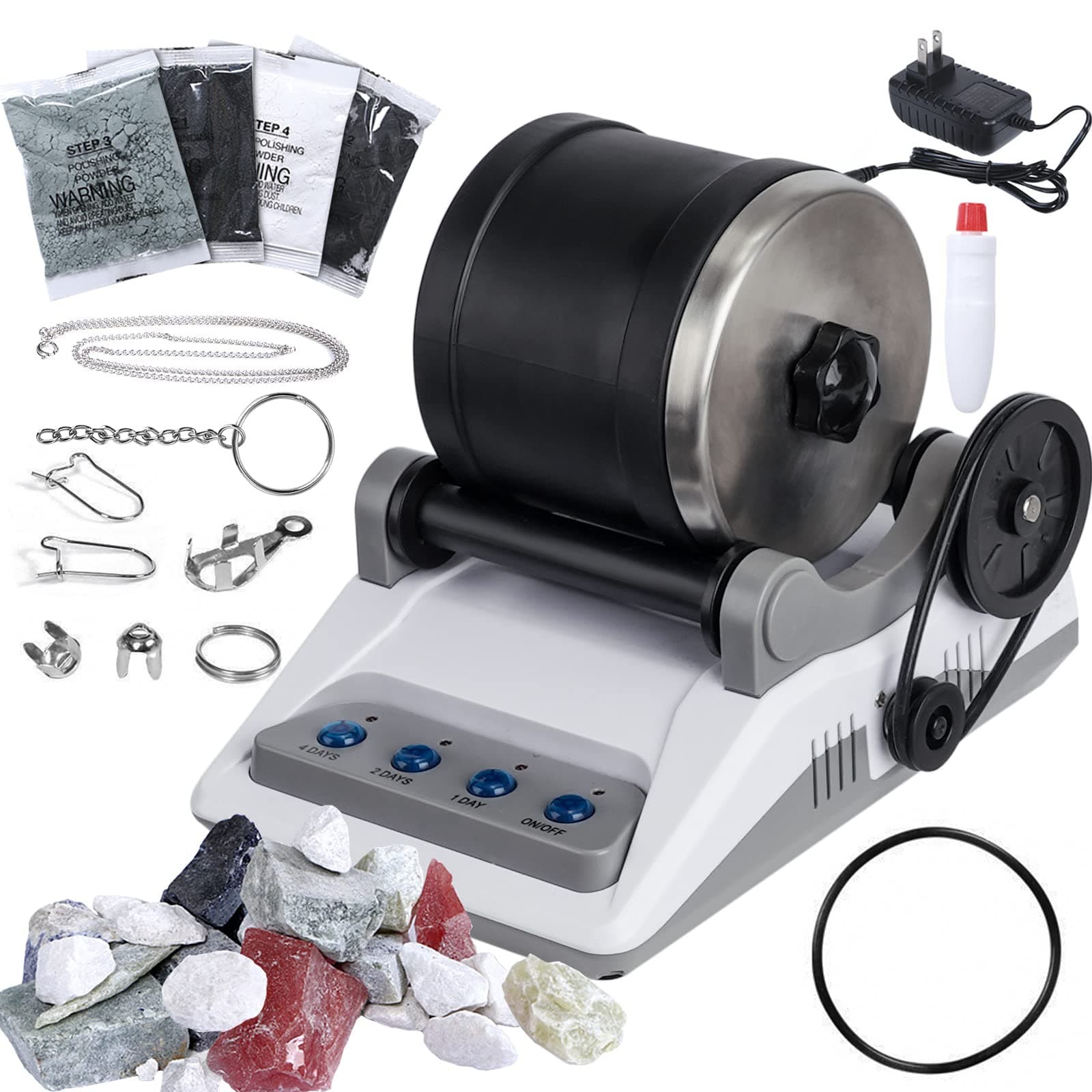 Rock Tumbler Kit, Professional Tumbling Stone Polisher with Button 7 Day Polishing Timer, Rock Polisher with Rough Gemstones, 4 Polishing Grits, Jewelry Fastenings, Geology Hobby Toy for Adults Kids