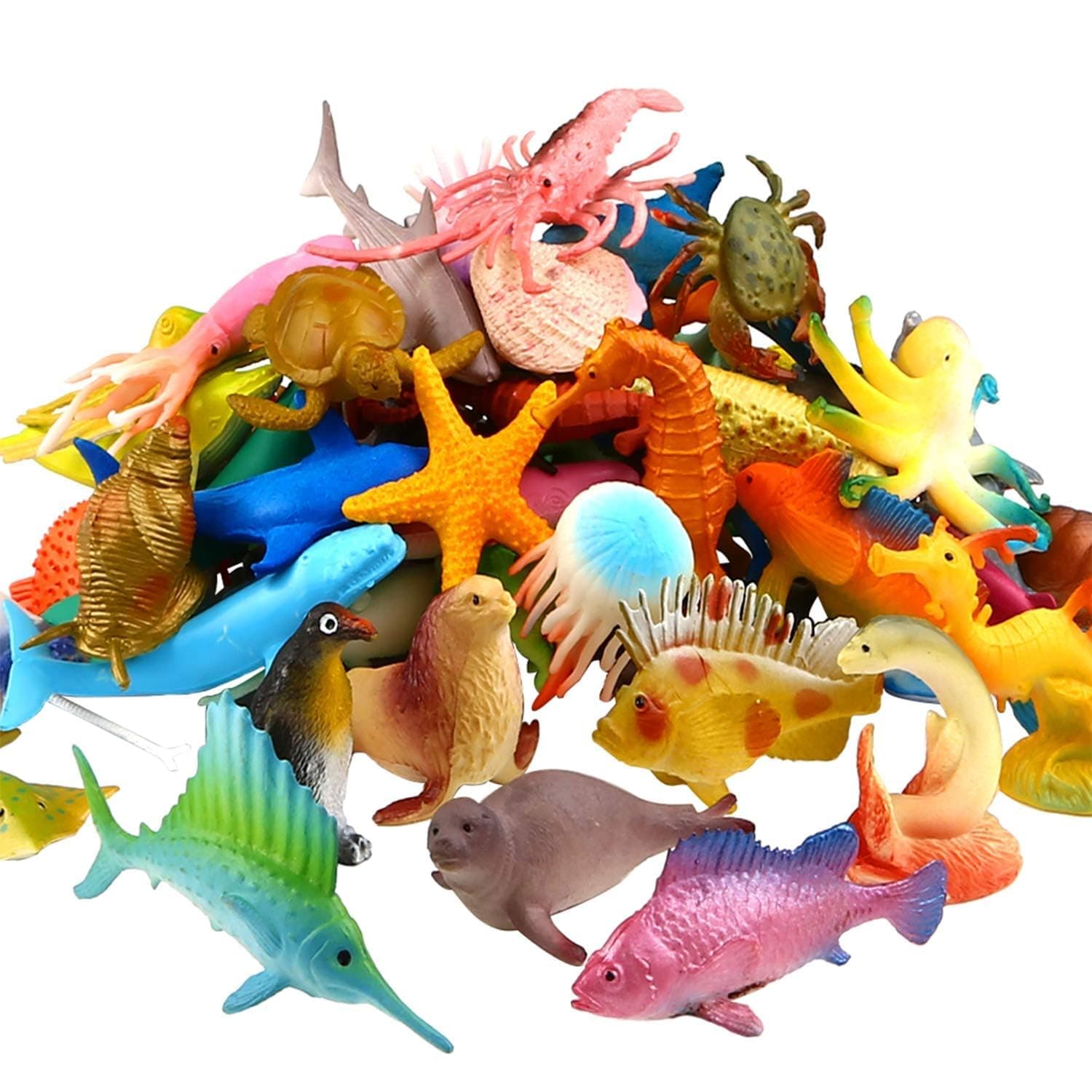 Ocean Sea Animal, 52 Pack Assorted Mini Vinyl Plastic Animal Toy Set, Realistic Under The Sea Life Figure Bath Toy for Child Educational Party Cake Cupcake Topper,Octopus Shark Otter