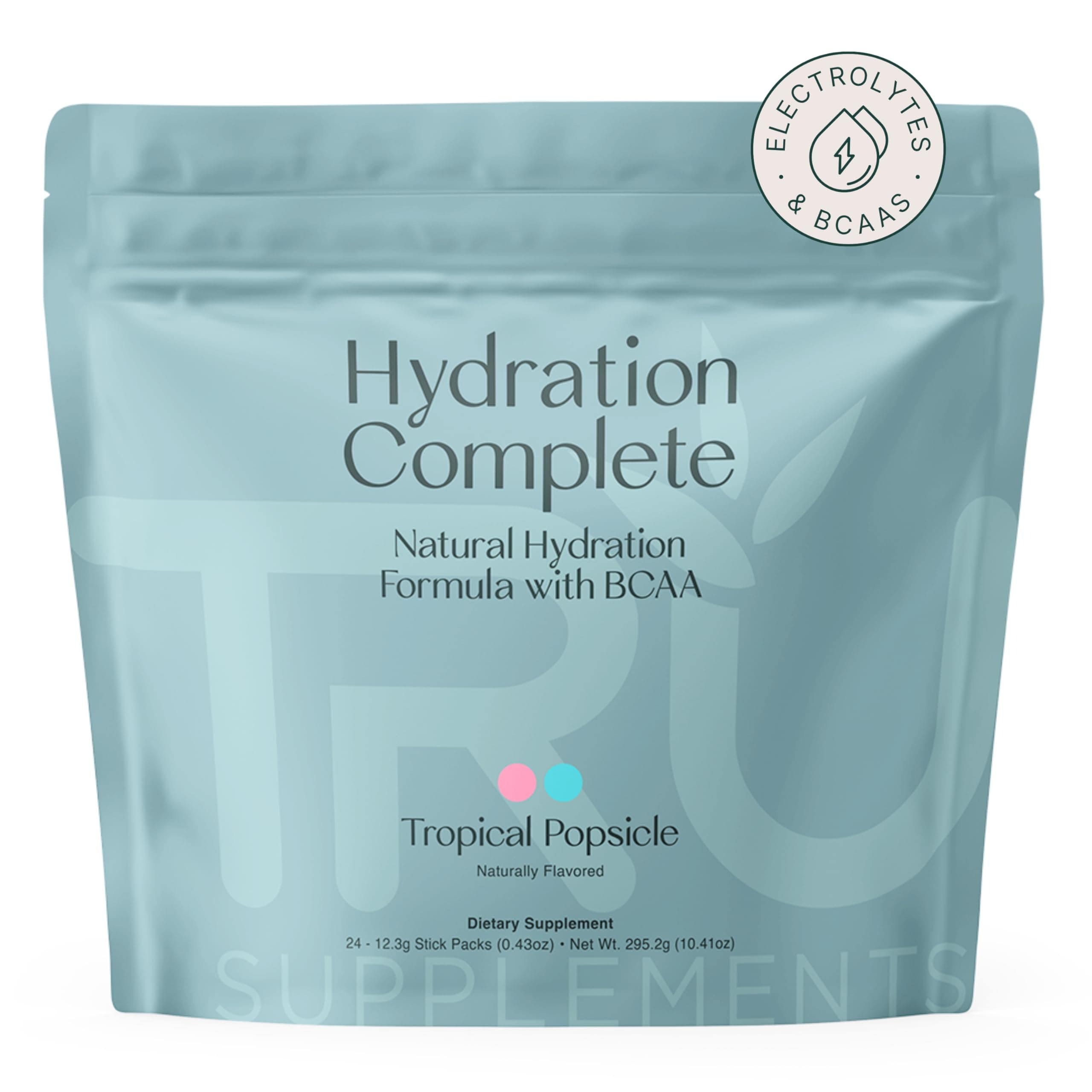 TRU Supplements Hydration Complete BCAA, Plant Based Amino Acids + Pink Himalayan Salt, Electrolytes & L-Carnitine, Vegan, Zero Calories, No Artificial sweeteners, 24 Servings, Tropical Popsicle