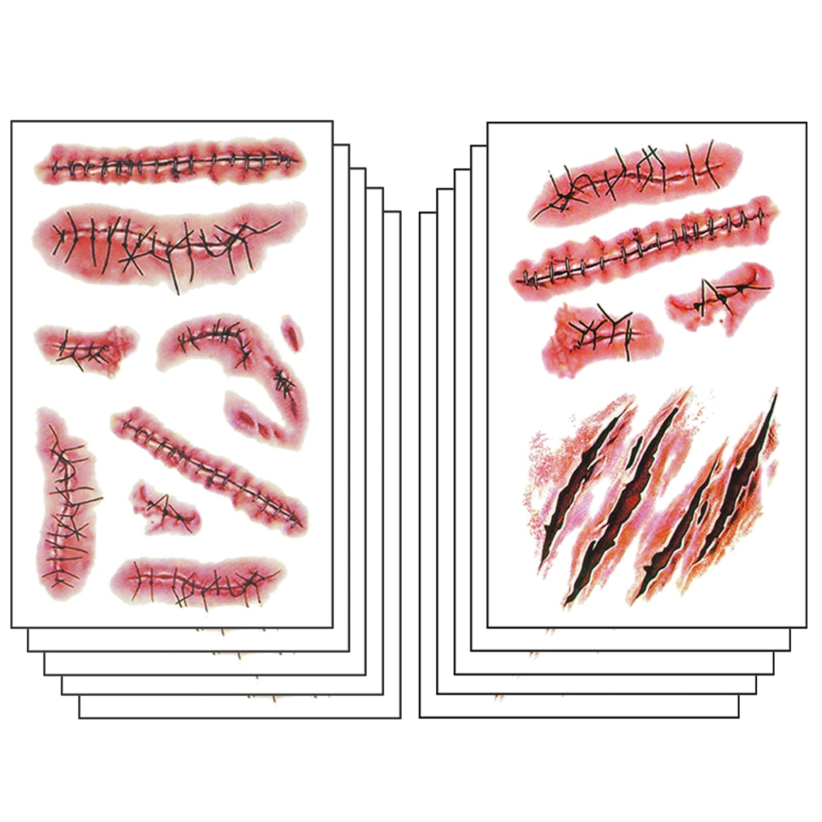 Halloween Temporary Tattoos 3D Body Face Realistic Fake Stitches Tattoo Sticker Waterproof for Chucky Costume Zombie Vampire Makeup Prank Props Cosplay Kids Adults