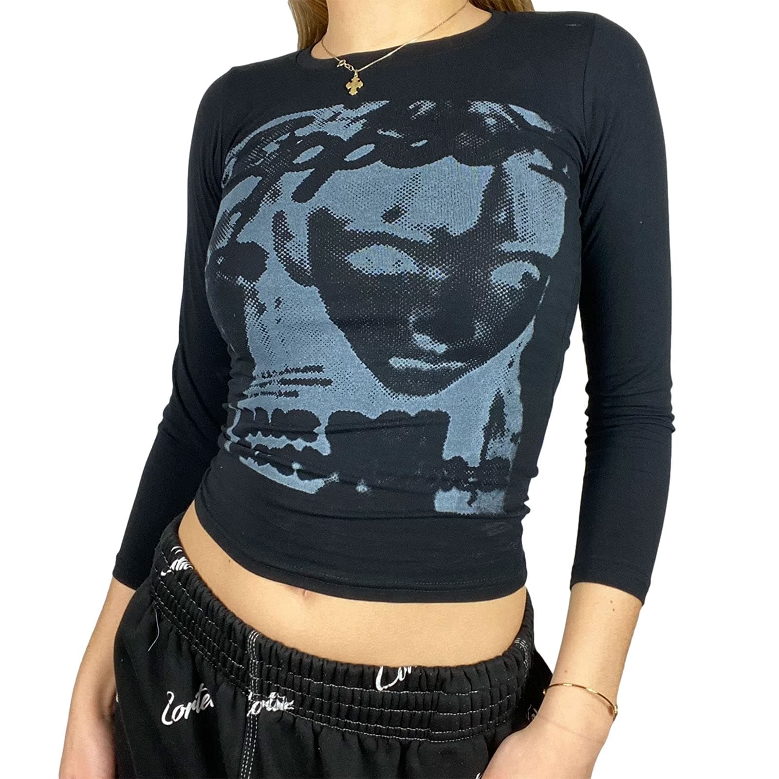 KMBANGIWomens Face Portrait Print Crop Top Y2K E-Girls 90s Long Sleeve Shirt Graphic Print Slim Fit Blouse Tops