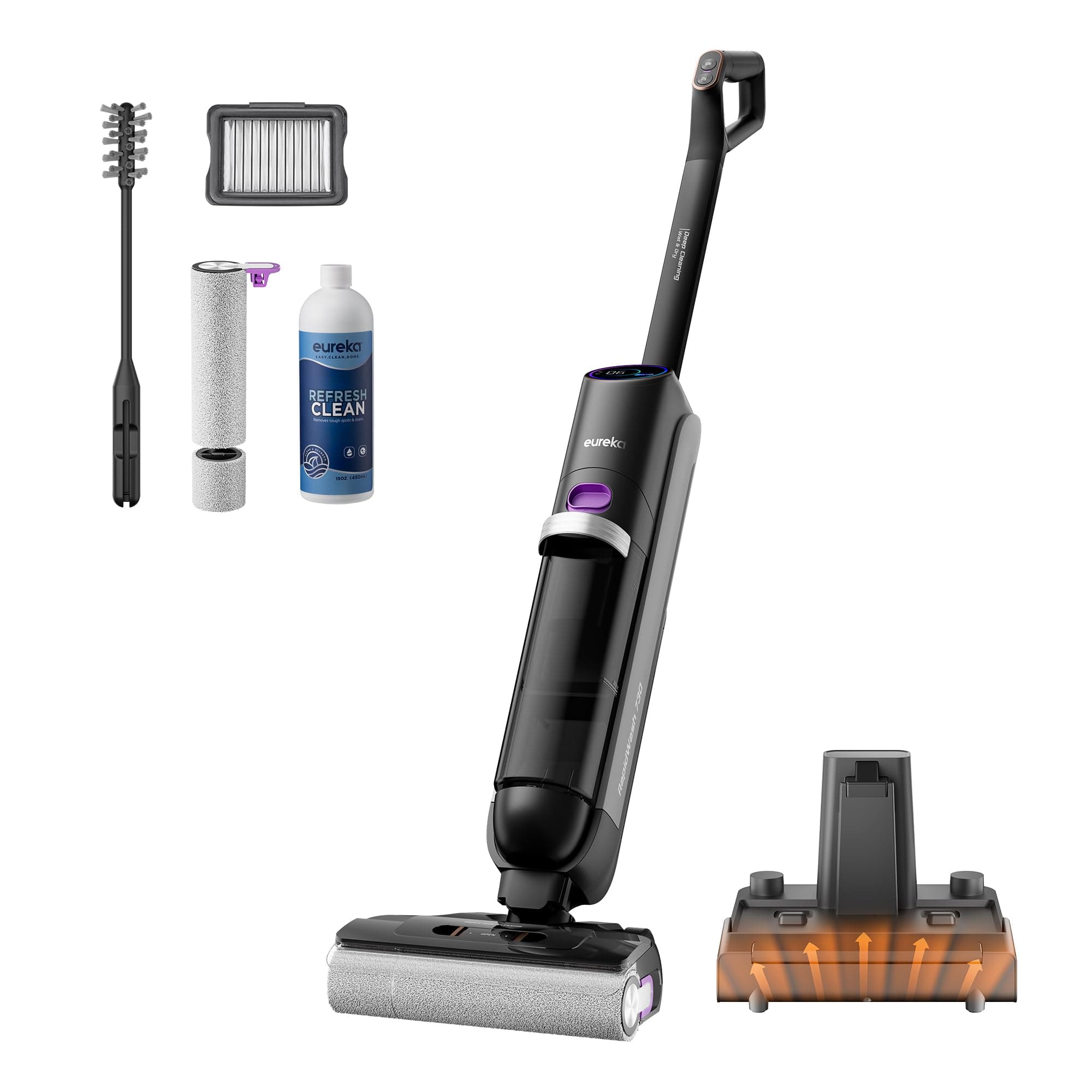Eureka Cordless Wet Dry Vacuum Cleaner and Mop,170° Reclinable,185°F Hot Air Self-Cleaning Vacuum,Long Run Time,Great for Hard Floors Pet Hair Sticky Messes，RapidWash 730, Purple