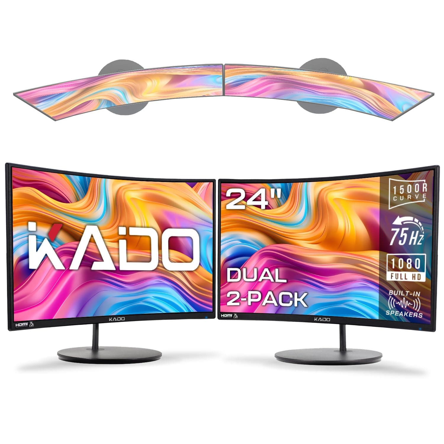 Kado Dual Monitor Setup - 2-Pack 24" Curved 1920x1080 Computer Monitor 1500R 75Hz VESA Mount HDMI Office Gaming Hybrid Built-in Speakers (C24X Dual Series)