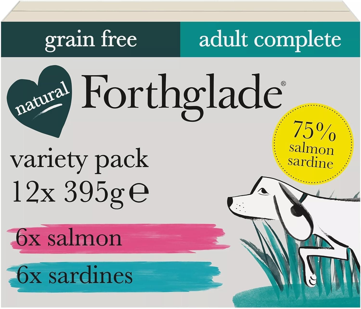 Wet Dog Food Variety Pack (12 x 395g Trays) - Grain Free & Hypoallergenic Dog Food, Adult 1 Year+, Salmon & Sardines with Vegetables, Complete Stomach Sensitive Meals, Natural Ingredients