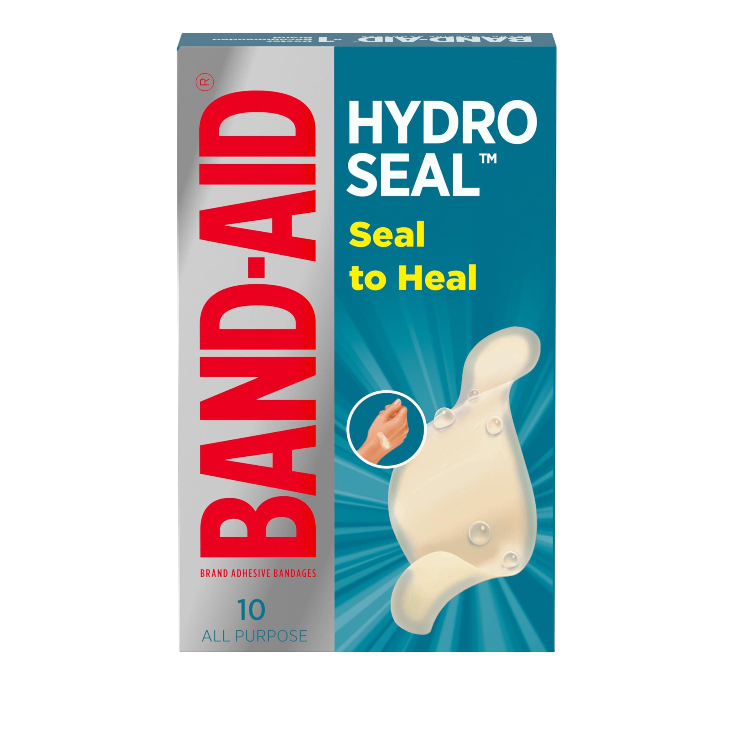 BAND-AID Brand Hydro Seal Adhesive Waterproof Bandages, Hydrocolloid Gel Patch for First Aid, Faster Healing for Minor Blisters, Cuts & Scrapes, 10 Count