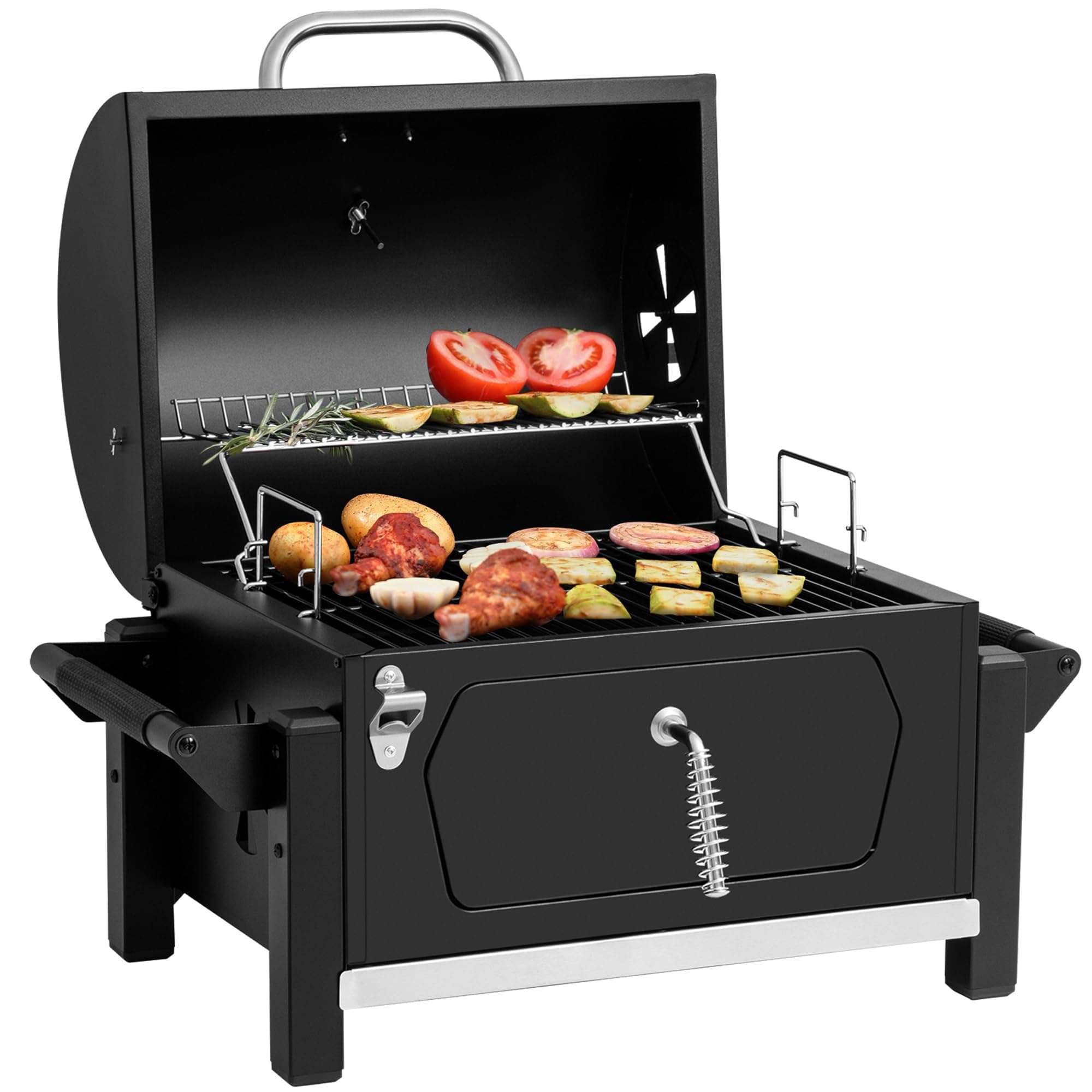 CD1519 Portable Charcoal Grill with Two Side Handles, Compact Outdoor Charcoal Grill with Bottle Opener, for Travel, Picnic, Tailgate, and Campsite Cooking, Black