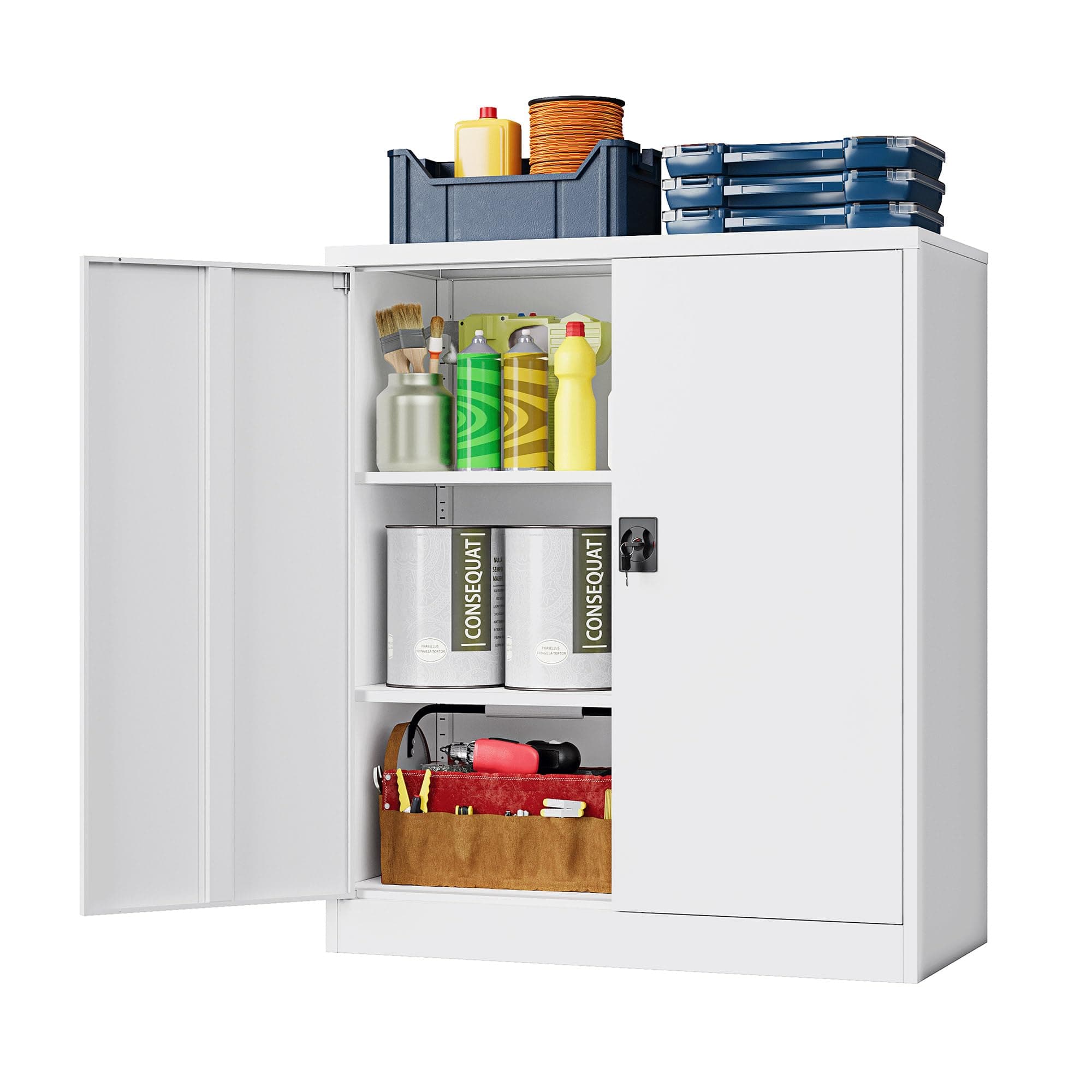 Metal Storage Cabinet,Garage Storage Cabinet with 2 Lockable Doors and 2 Adjustable Shelves, 36'' Steel Tool Cabinet for Garage, Office, Home, School(White)