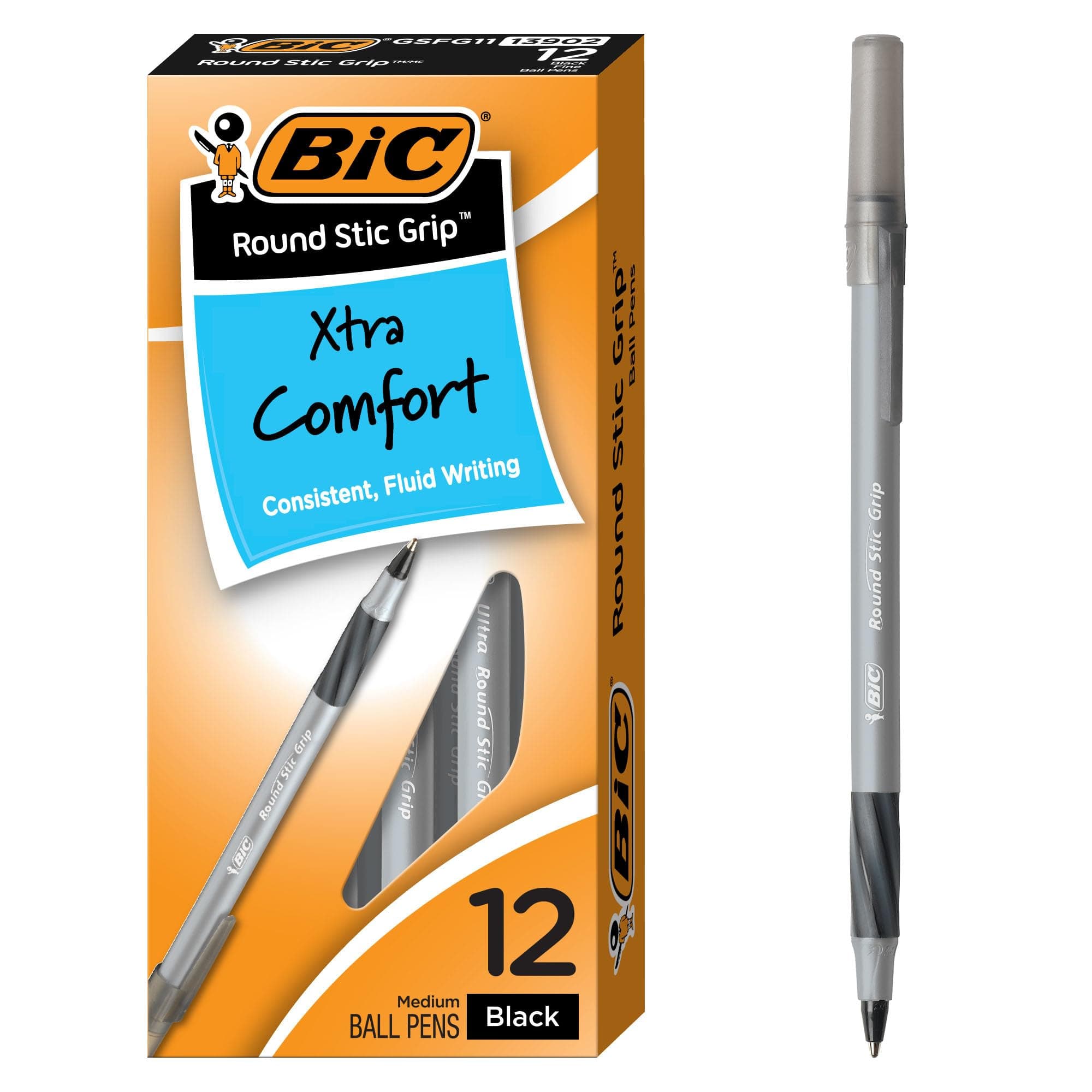 Round Stic Grip Xtra Comfort Ballpoint Pen, Medium Point (1.2mm), Black, 12-Count