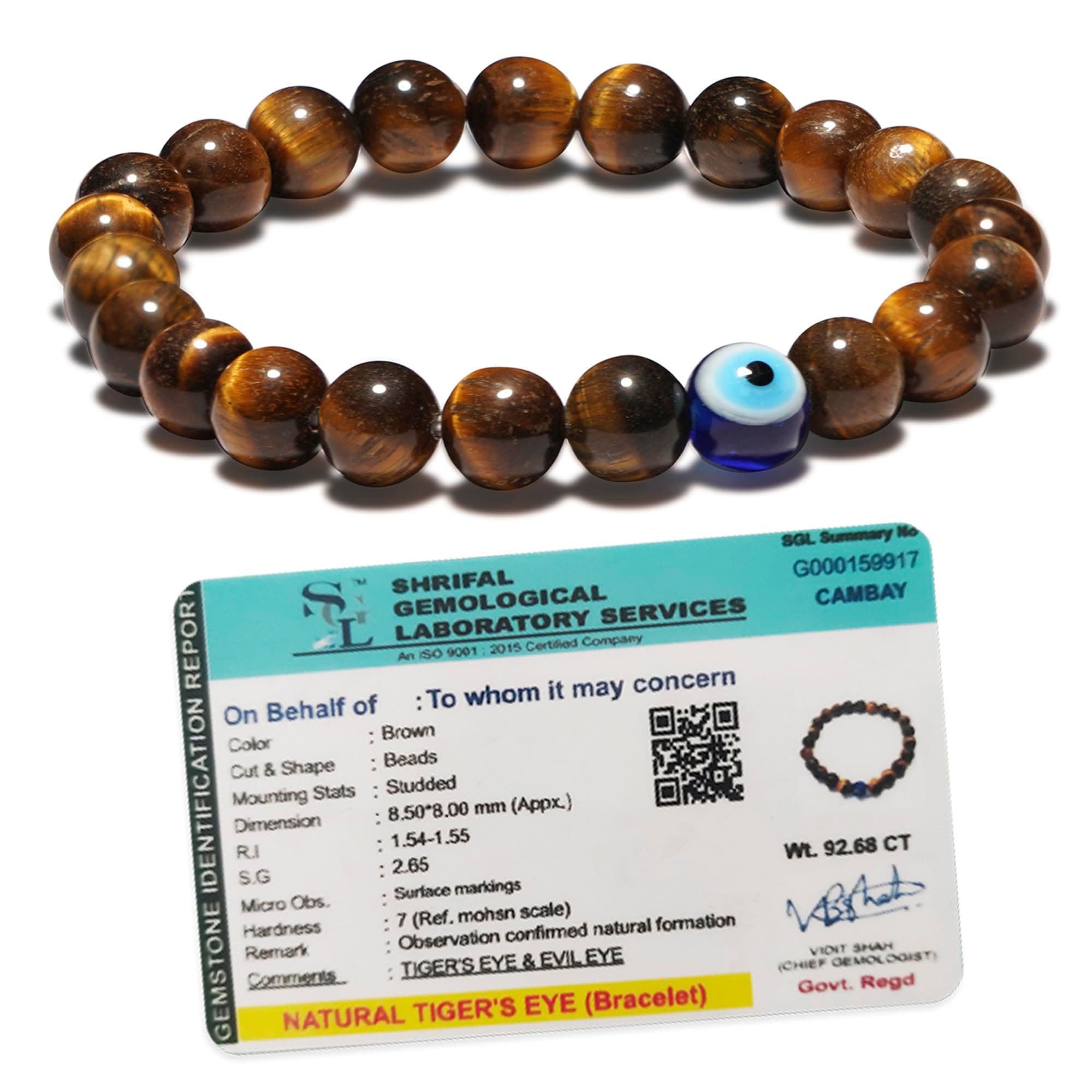 Original Tiger Eye Bracelet for Women and Men with Evil Eye and Lab Certificate - Natural Energised Brown Beads, 8MM, Standard, Tiger Eye