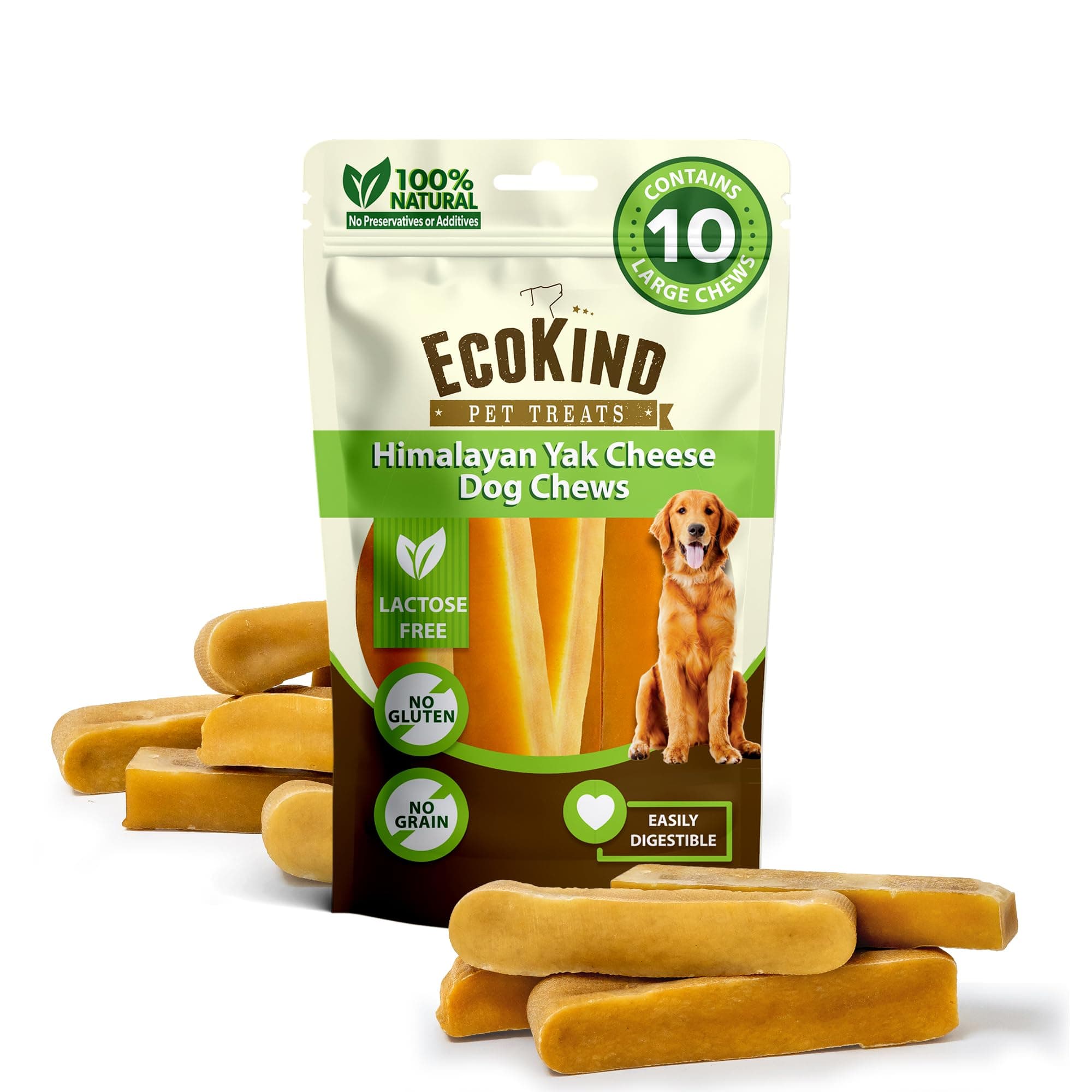 - EcoKind Premium Gold Yak Cheese Himalayan Dog Chews, Dog Treats Large Breed, All Natural, High Protein, for Aggressive Chewers, Large - 10 Chews