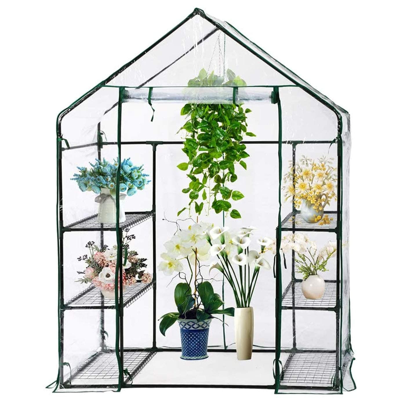 Compact Walk In Greenhouse PVC Plastic Garden Grow Green House with 4 Shelves