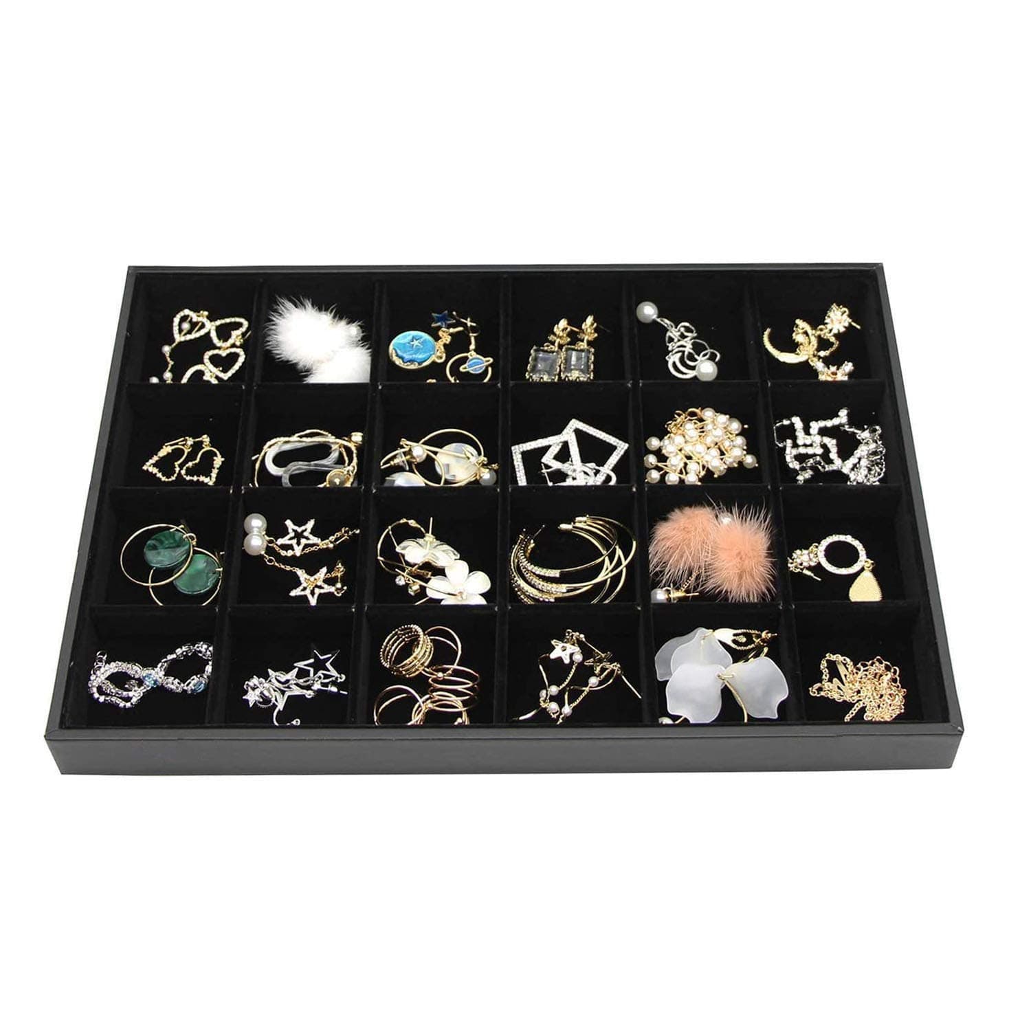 PimuzaBlack Velvet Stackable 24 Grid Jewelry Tray Showcase Display Organizer Holder Dividers for Teen Stud Drop Earring Watch Bead Trinket Storage Adjustable Box Case Dish for College Dorm Woman Drawer
