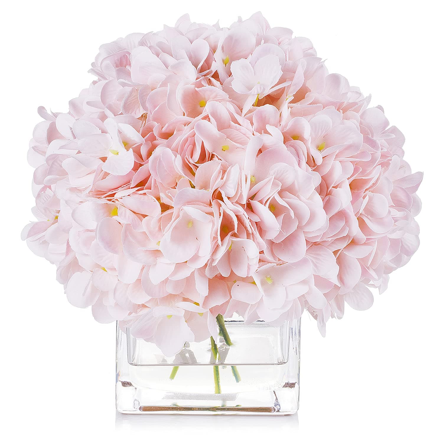 ENOVA HOME Floral Artificial Flowers Silk Hydrangea Fake Flowers Arrangement in Cube Glass Vase with Faux Water for Office Wedding Party Event Decoration (Pink)