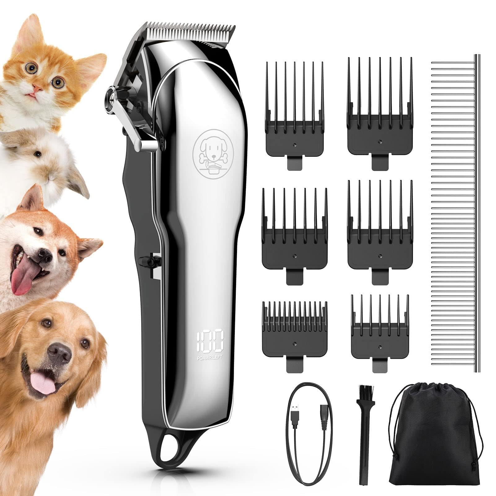 Dog Clippers Thick Hair, 7000RPM Professional Cordless Dog Grooming Kit Low Noise Rechargeable Cordless Pet Shaver with Stainless Steel Blade/Waterproof for Pets and Animals