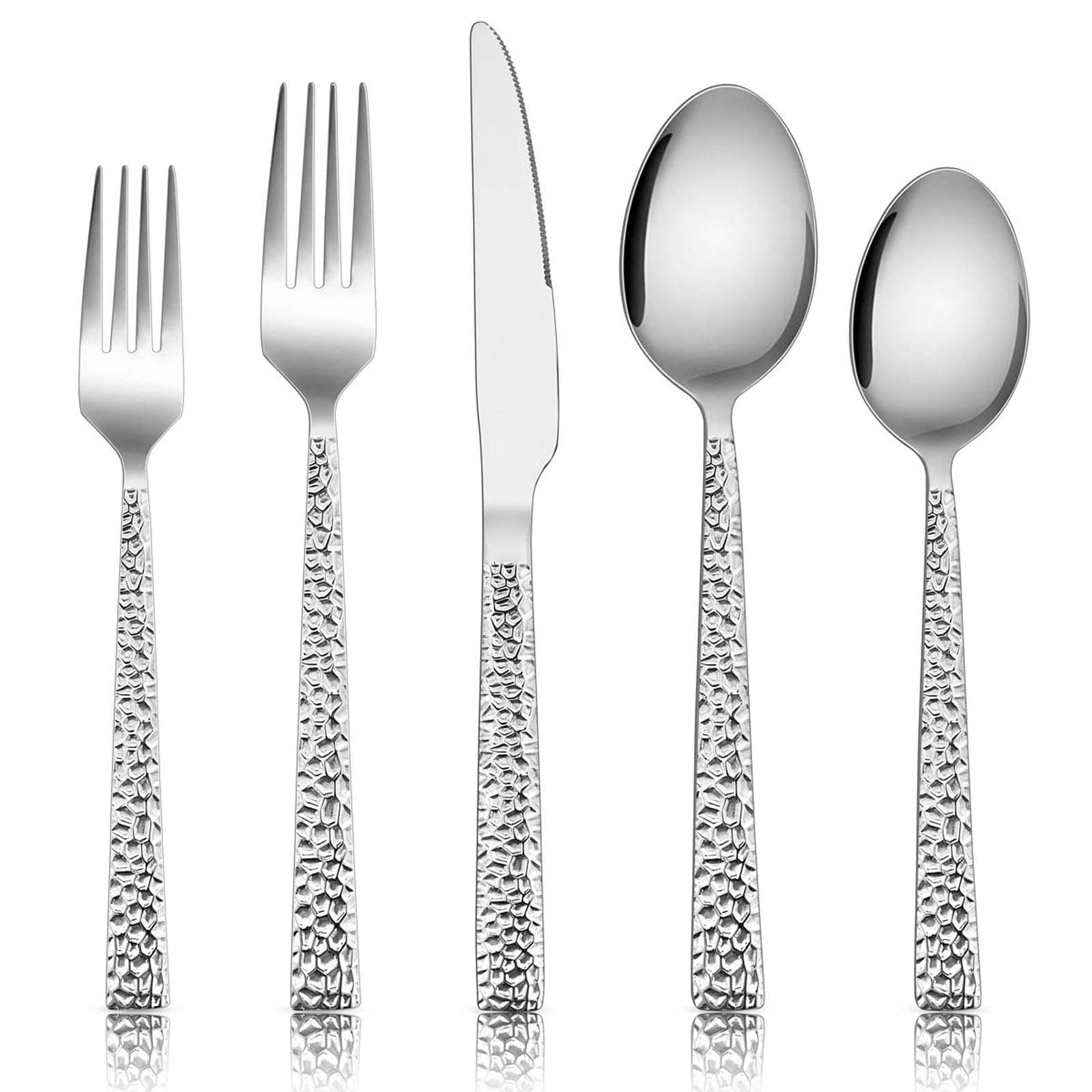 Hammered Silverware Set, E-far 40-Piece Stainless Steel Square Flatware Set for 8, Metal Tableware Cutlery Set Includes Di.